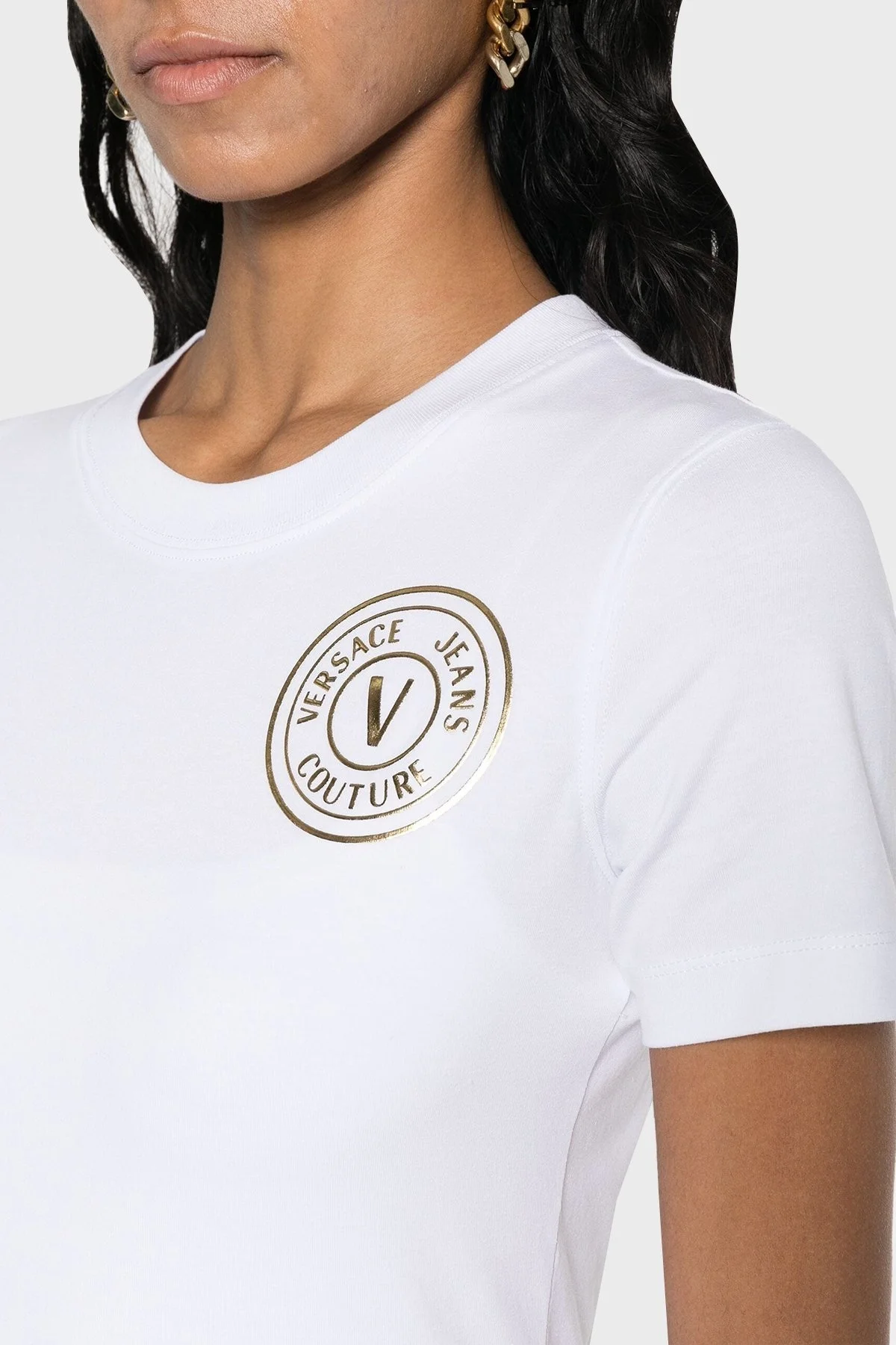 Versace Jeans Couture Pamuklu Regular Fit Bisiklet Yaka Bayan T Shirt 76HAHT02 CJ03T G03 BEYAZ - 4