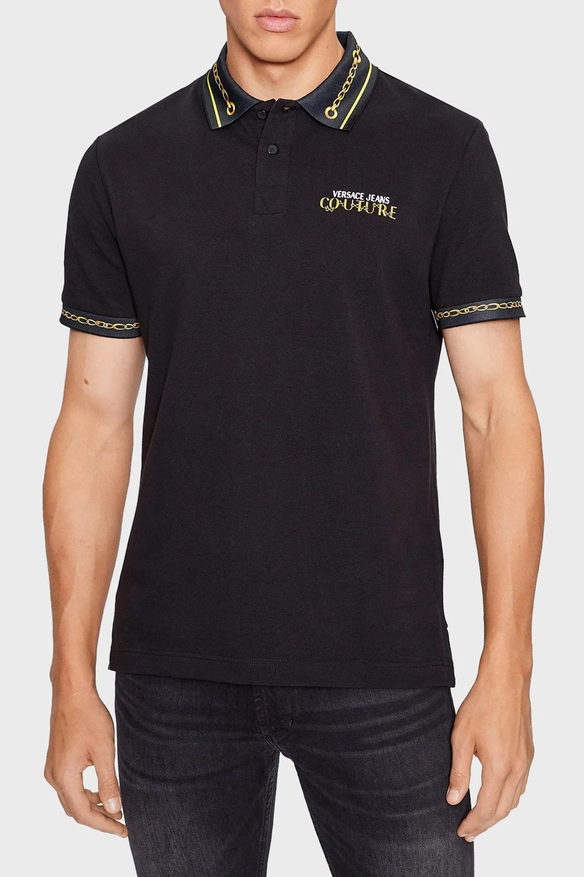 Versace Jeans Couture Pamuklu Regular Fit Erkek Polo Yaka T Shirt 75GAGT01 CJ01T G89 SİYAH - 1