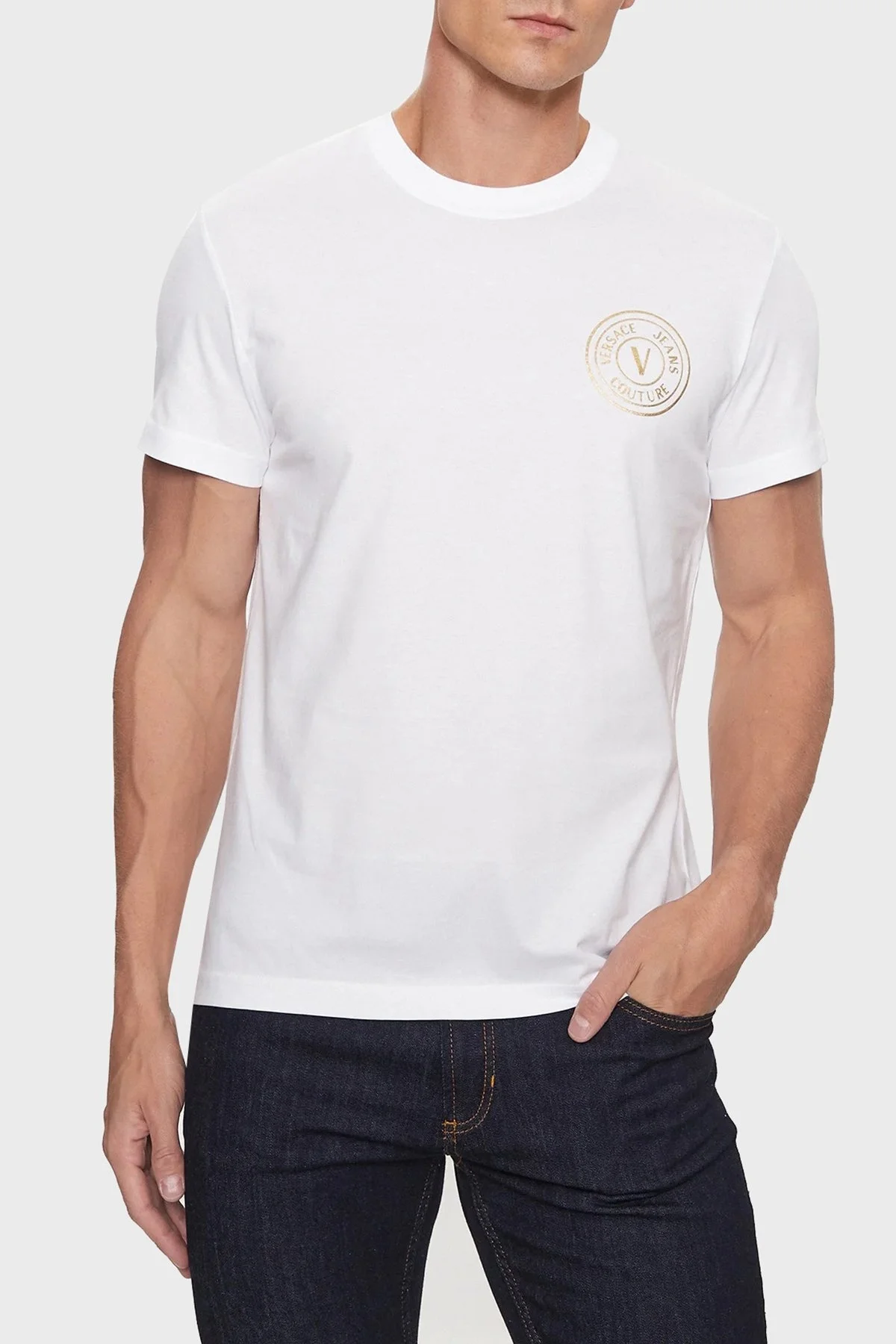 Versace Jeans Couture Pamuklu Regular Fit Erkek T Shirt 75GAHT06 CJ00T G03 BEYAZ - 1