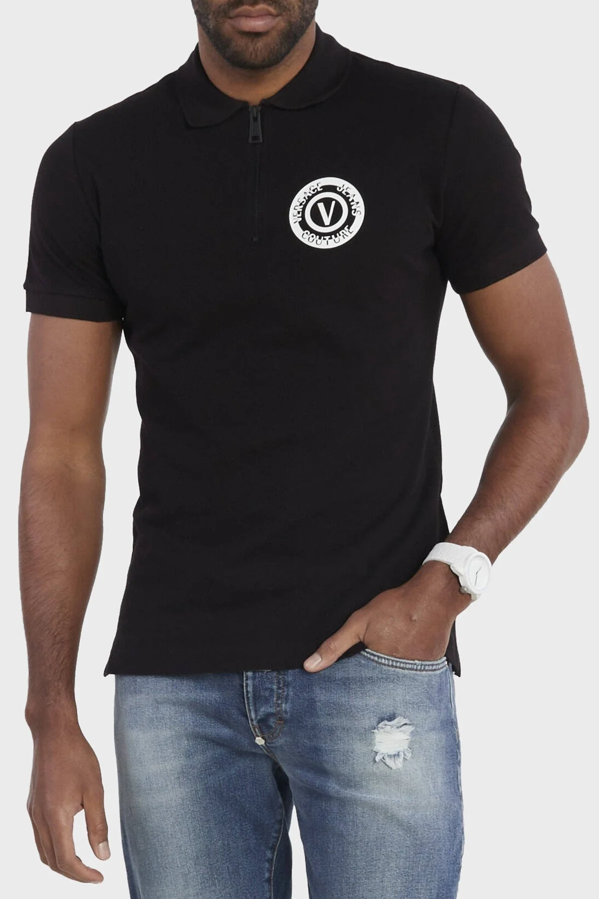 Versace Jeans Couture Regular Fit Pamuklu Fermuarlı Erkek Polo Yaka T Shirt 76GAGT06 CJ01T 899 SİYAH - 1