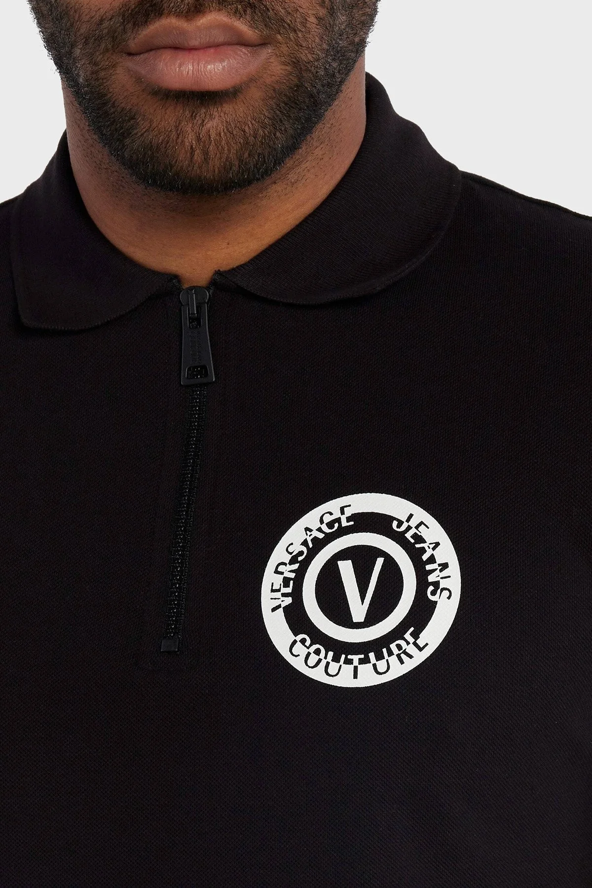 Versace Jeans Couture Regular Fit Pamuklu Fermuarlı Erkek Polo Yaka T Shirt 76GAGT06 CJ01T 899 SİYAH - 3