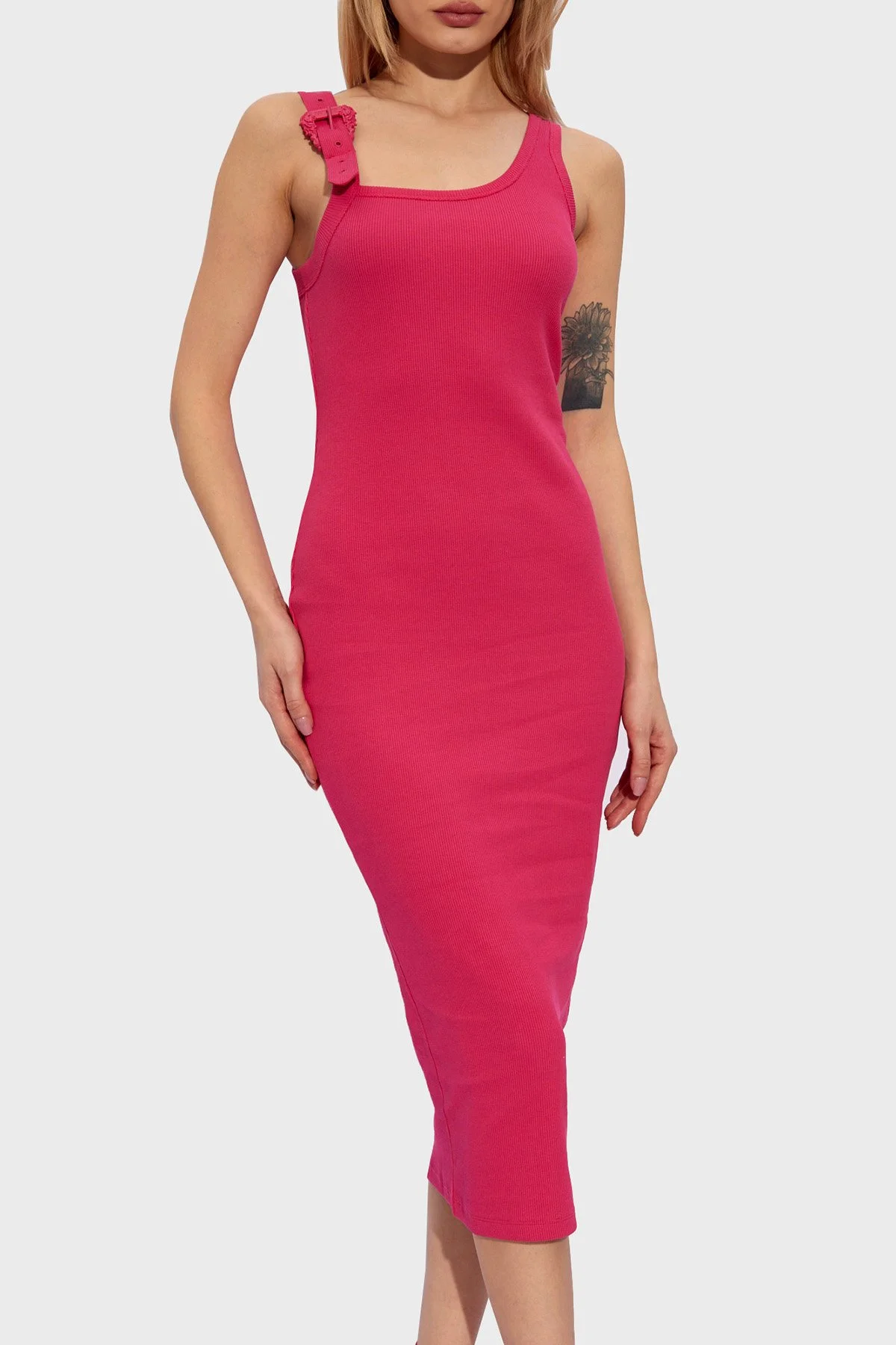 Versace Jeans Couture Streç Pamuklu Barok Tokalı Midi Kadın Elbise 76HAO947 J0004 401 FUŞYA - 3