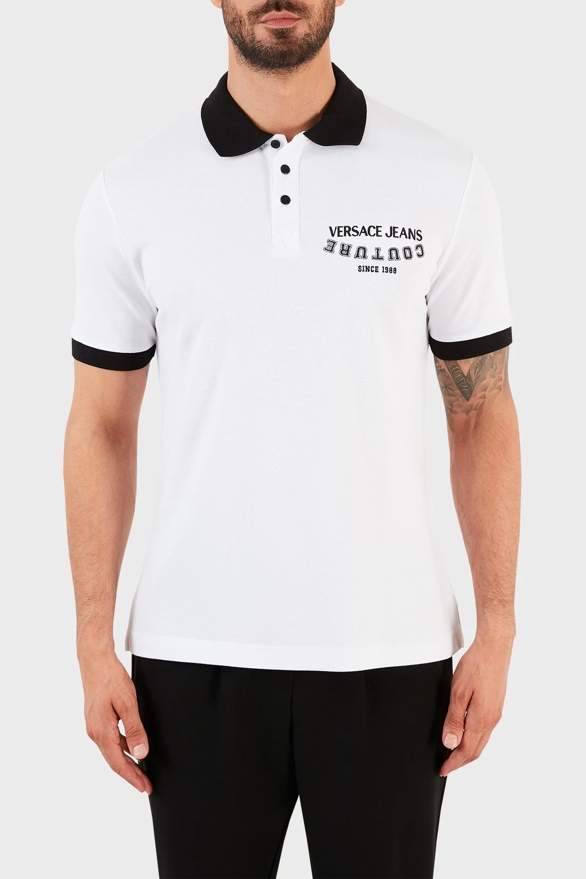 Versace Jeans Couture Logolu % 100 Pamuk Slim Fit T Shirt Erkek Polo B3GWA7T7 36571 003 BEYAZ - 1