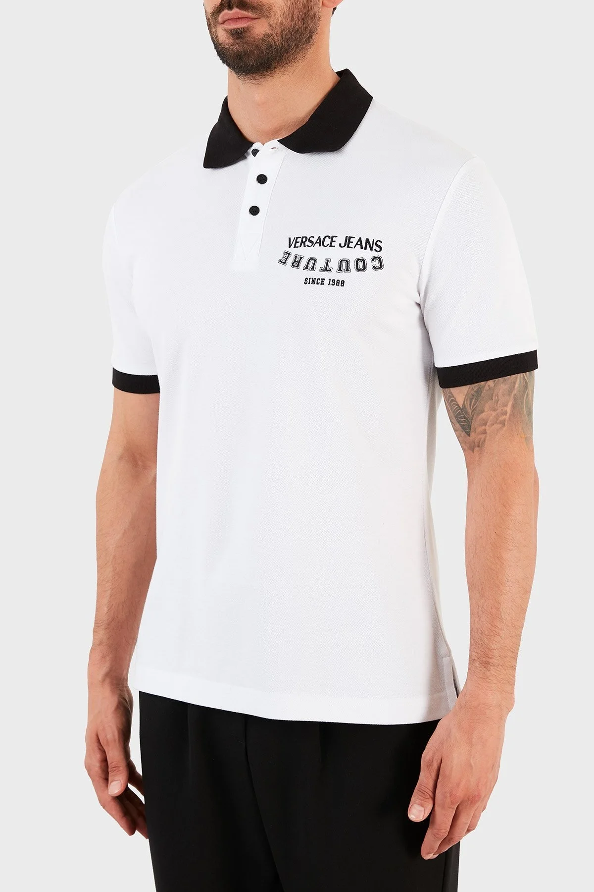 Versace Jeans Couture Logolu % 100 Pamuk Slim Fit T Shirt Erkek Polo B3GWA7T7 36571 003 BEYAZ - 3