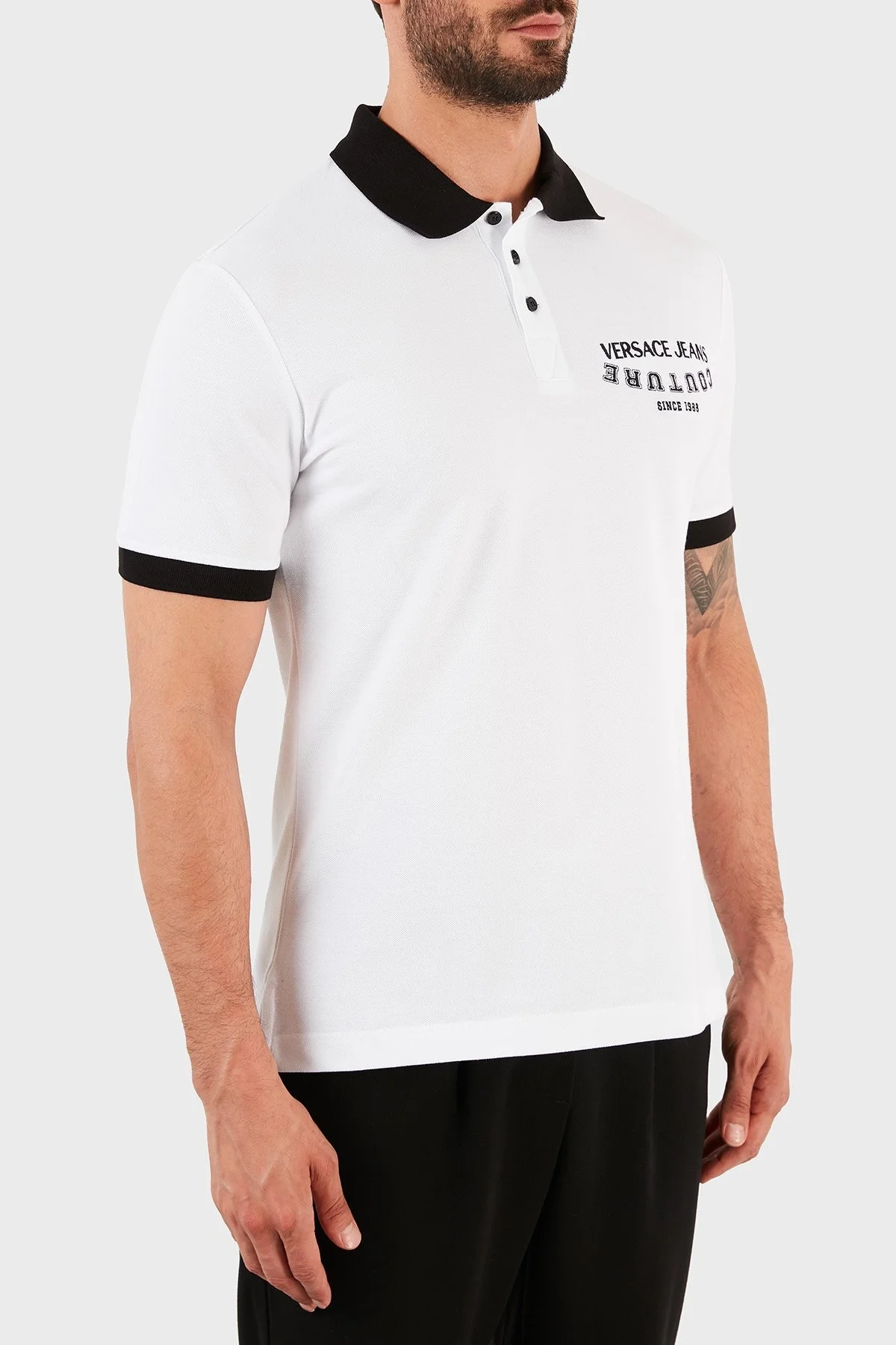 Versace Jeans Couture Logolu % 100 Pamuk Slim Fit T Shirt Erkek Polo B3GWA7T7 36571 003 BEYAZ - 4