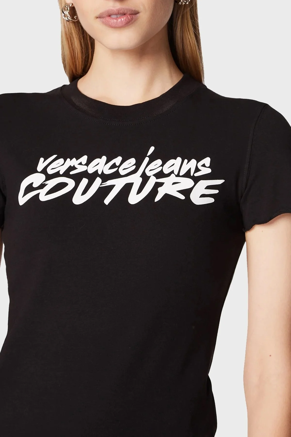 Versace Pamuklu Esnek Slim Fit Bisiklet Yaka Bayan T Shirt 73HAHT15 CJ03O 899 SİYAH - 2