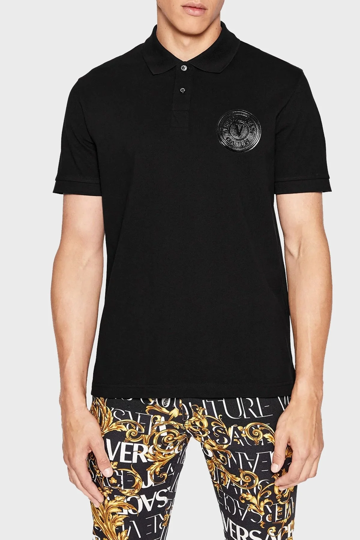 Versace Pamuklu Relaxed Fit Düğmeli Erkek Polo T Shirt 73GAGP03 CJ07P 899 SİYAH - 1