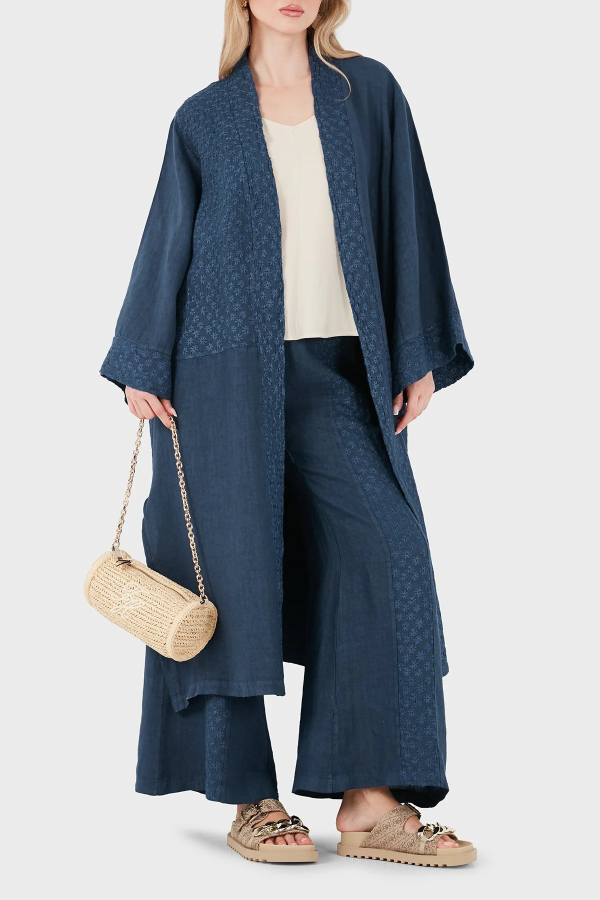 Via Dante % 100 Keten Brode İşlemeli Kadın Kimono 69912196 İNDİGO - 1