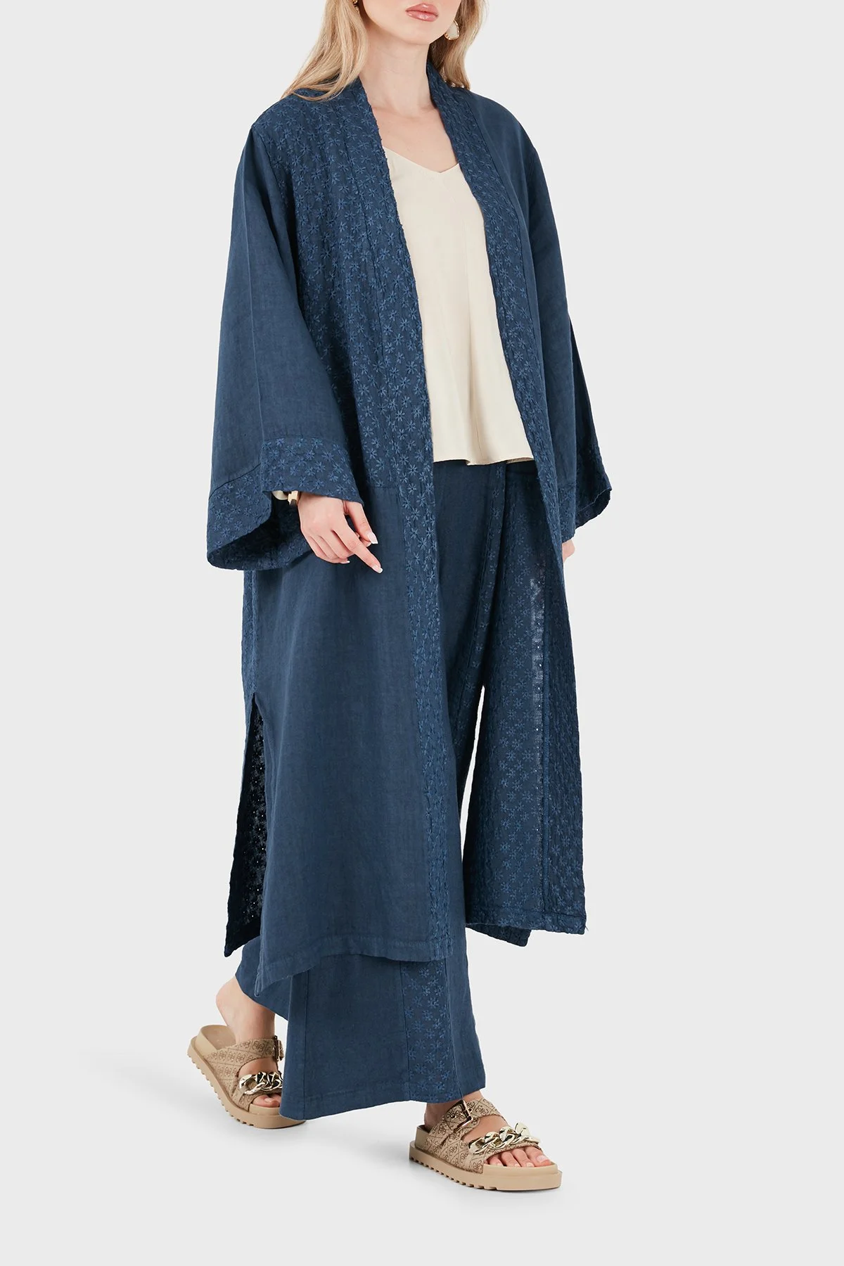 Via Dante % 100 Keten Brode İşlemeli Kadın Kimono 69912196 İNDİGO - 3