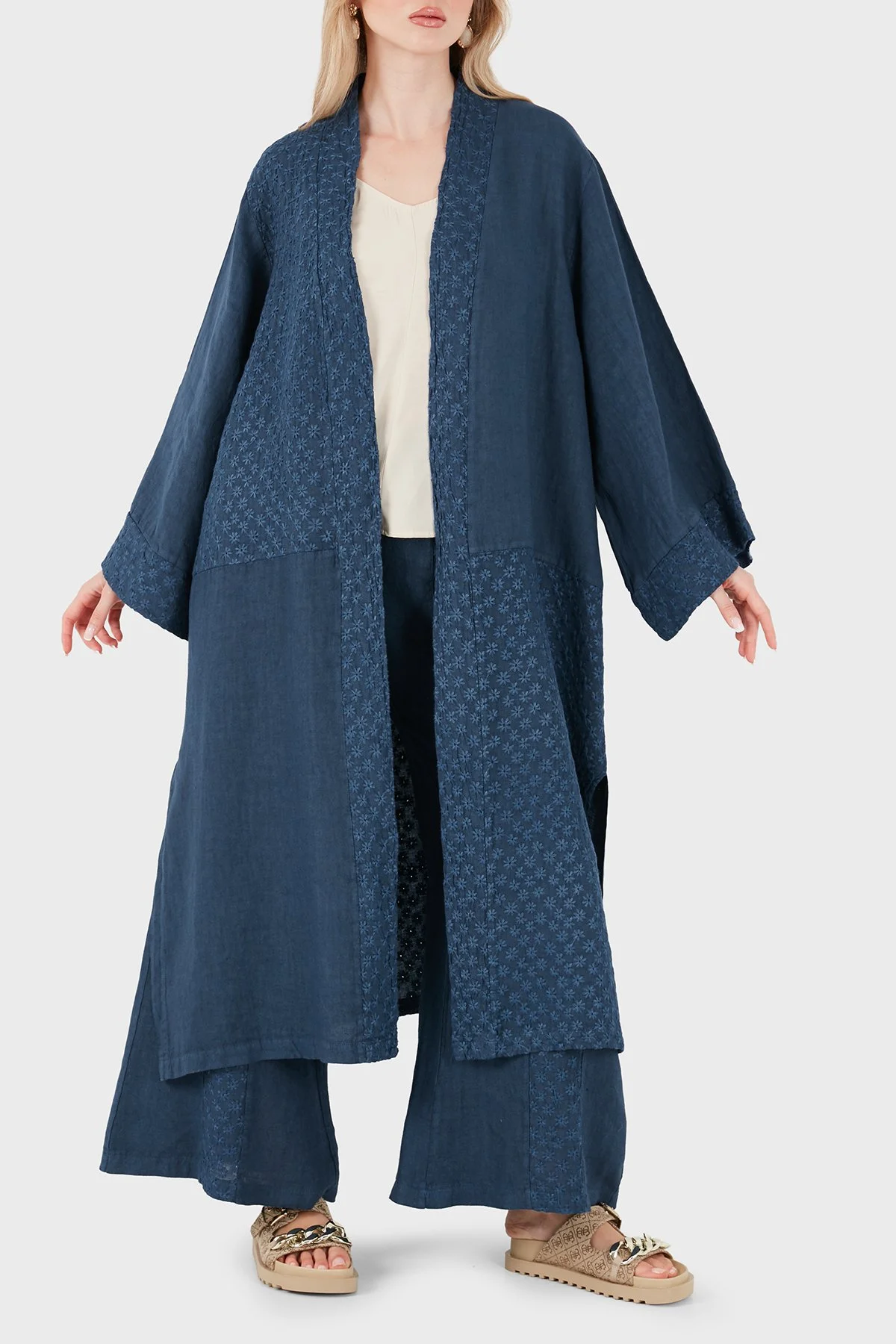 Via Dante % 100 Keten Brode İşlemeli Kadın Kimono 69912196 İNDİGO - 4