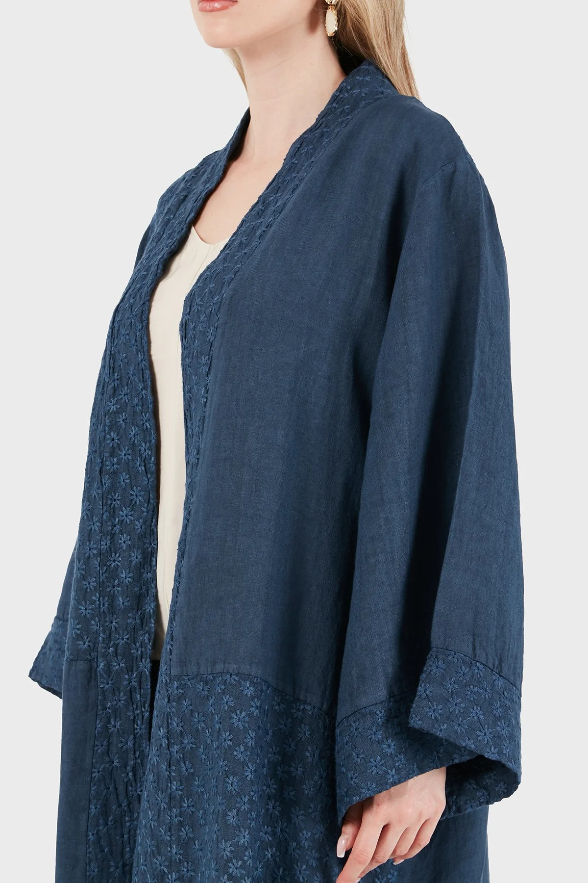 Via Dante % 100 Keten Brode İşlemeli Kadın Kimono 69912196 İNDİGO - 5