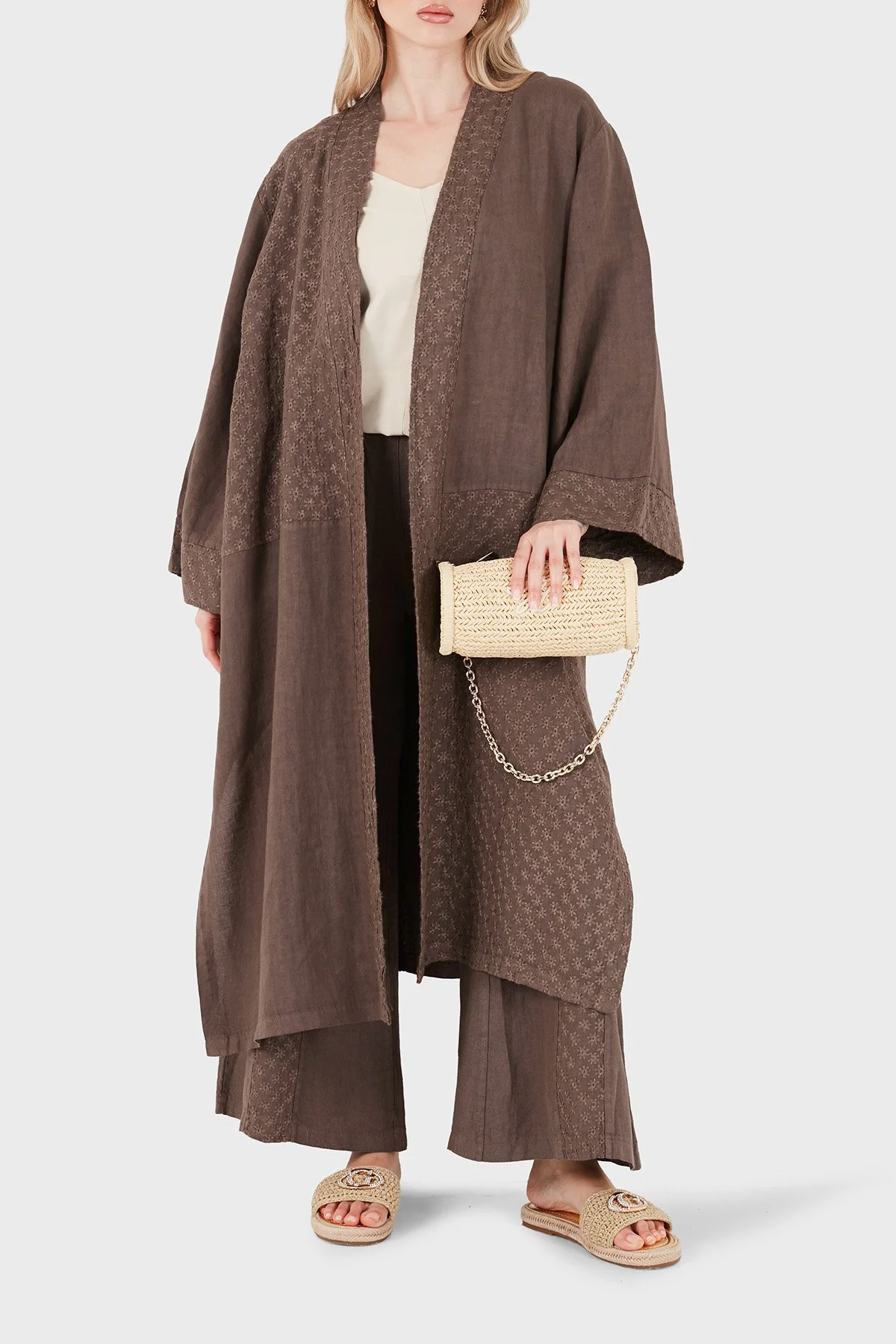 Via Dante % 100 Keten Brode İşlemeli Kadın Kimono 69912196 KAHVE - 3