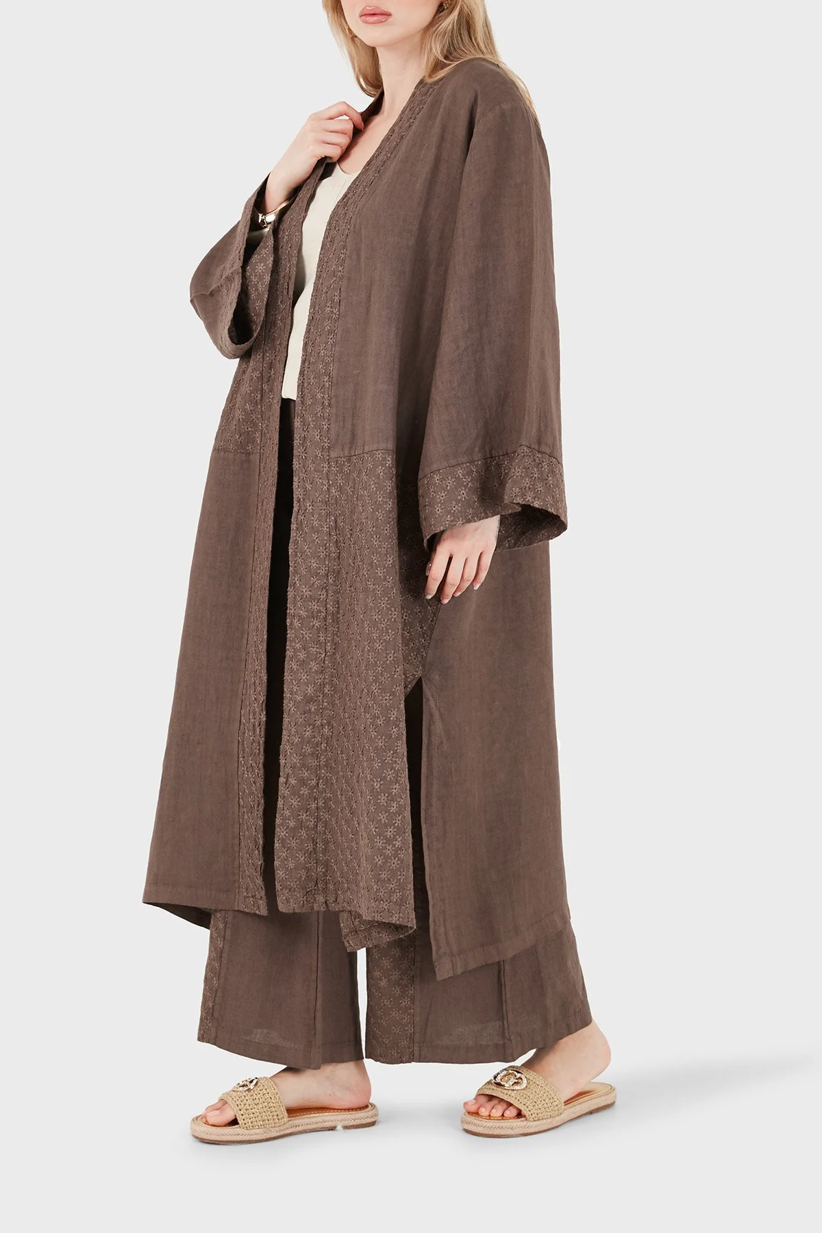 Via Dante % 100 Keten Brode İşlemeli Kadın Kimono 69912196 KAHVE - 4