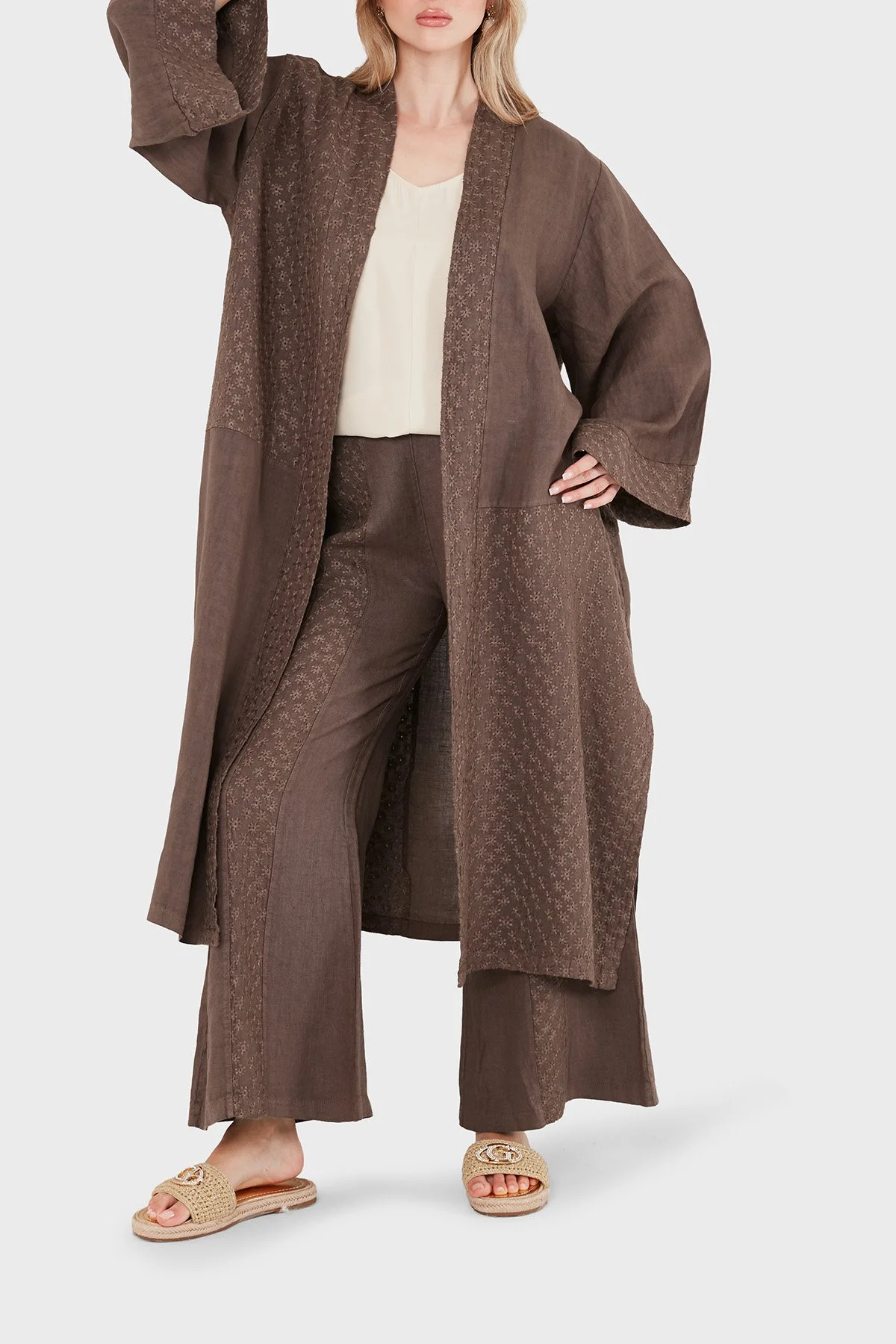 Via Dante % 100 Keten Brode İşlemeli Kadın Kimono 69912196 KAHVE - 5