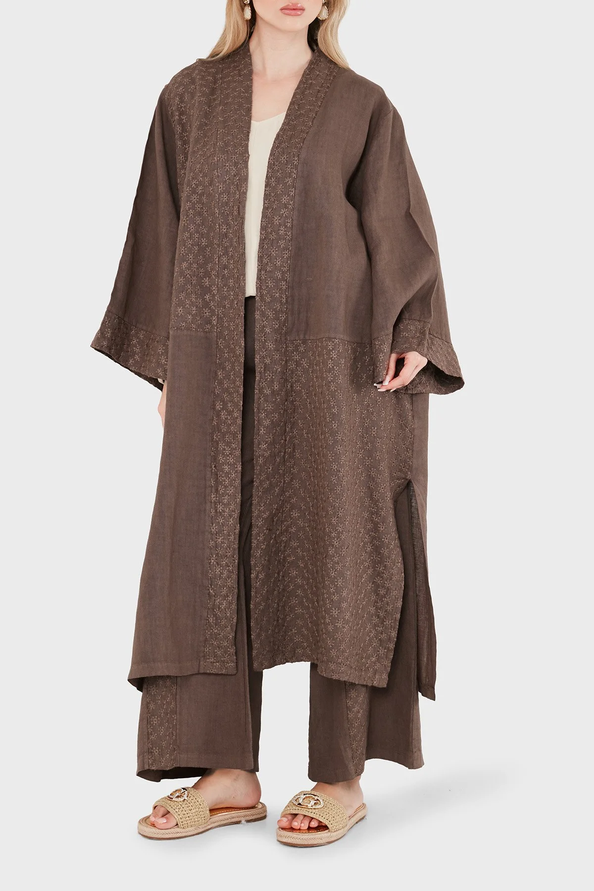 Via Dante % 100 Keten Brode İşlemeli Kadın Kimono 69912196 KAHVE - 6