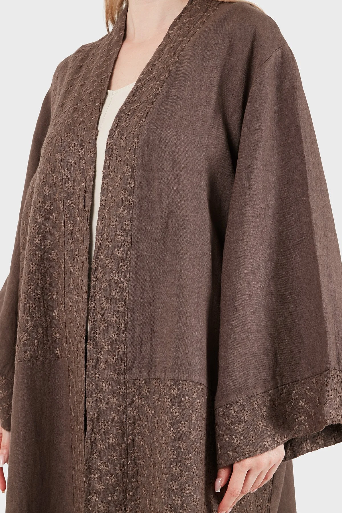 Via Dante % 100 Keten Brode İşlemeli Kadın Kimono 69912196 KAHVE - 7