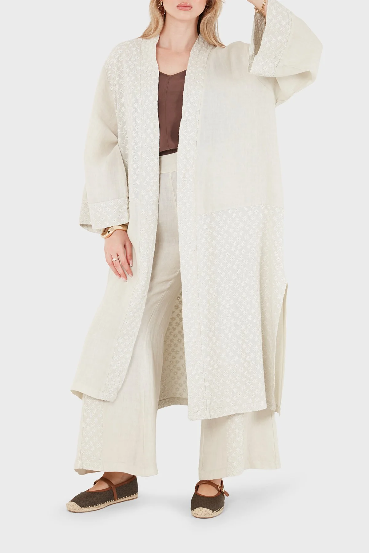 Via Dante % 100 Keten Brode İşlemeli Kadın Kimono 69912196 TAŞ - 5