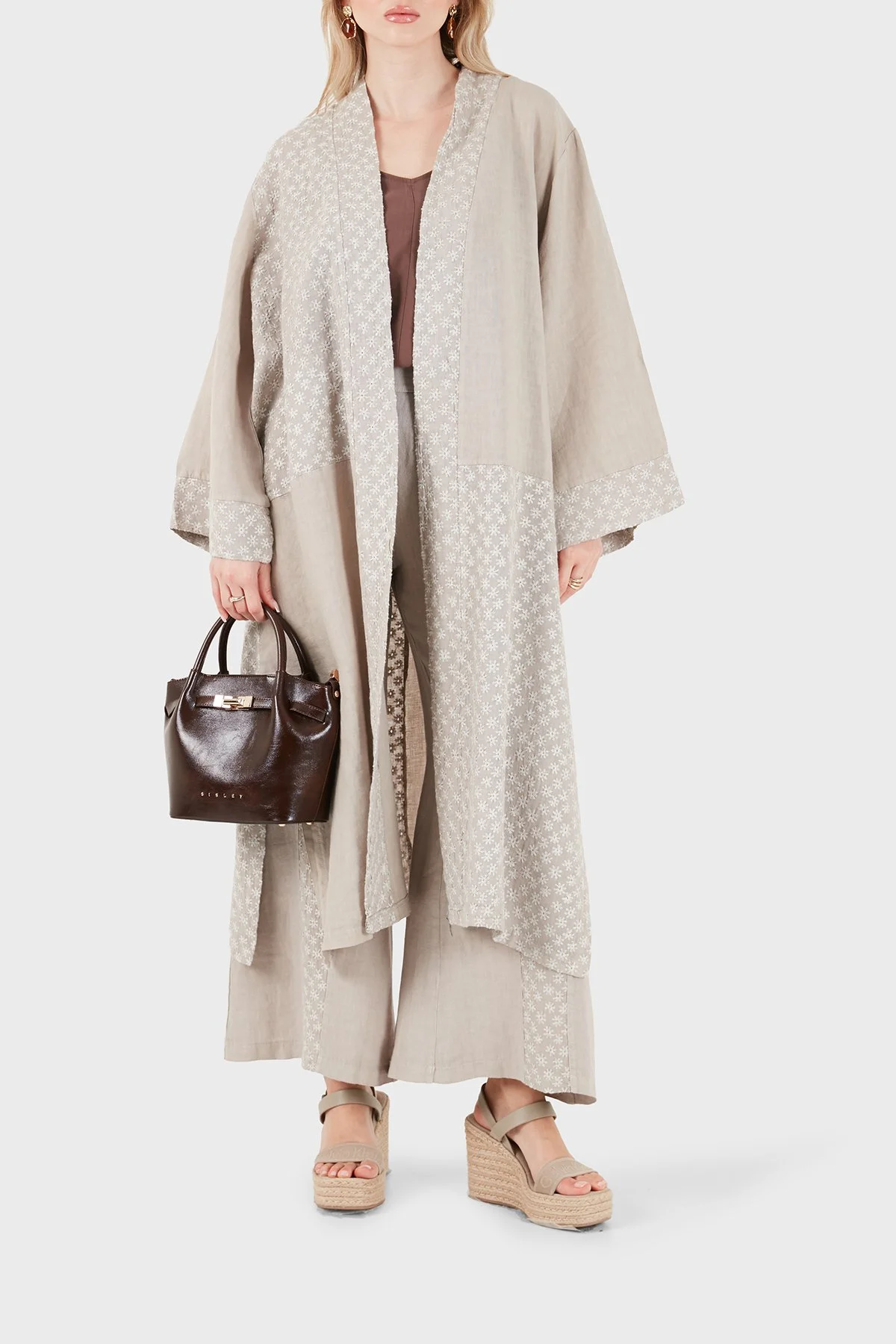 Via Dante % 100 Keten Brode İşlemeli Kadın Kimono 69912196 VİZON - 1
