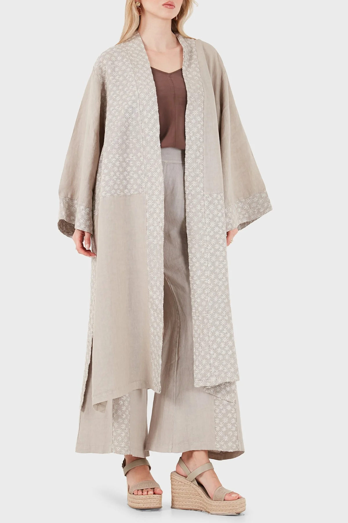 Via Dante % 100 Keten Brode İşlemeli Kadın Kimono 69912196 VİZON - 3