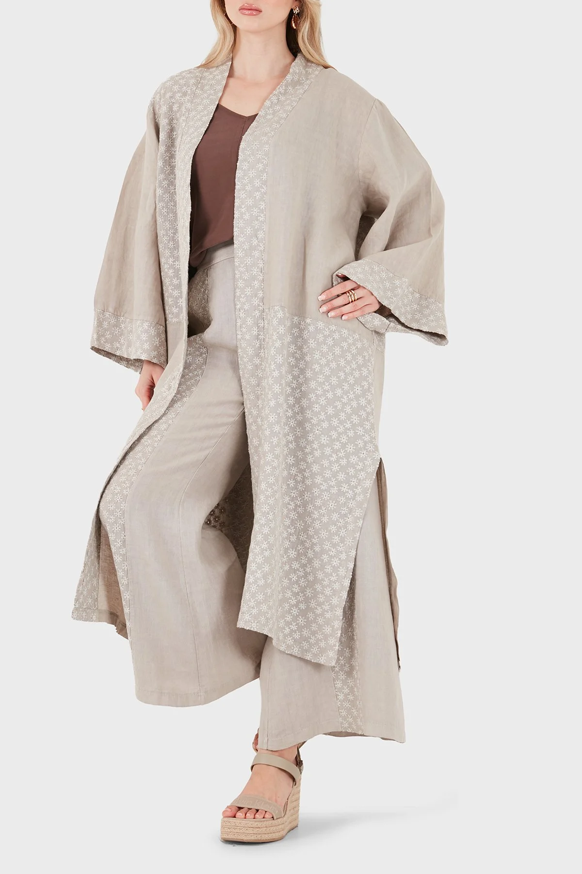 Via Dante % 100 Keten Brode İşlemeli Kadın Kimono 69912196 VİZON - 4