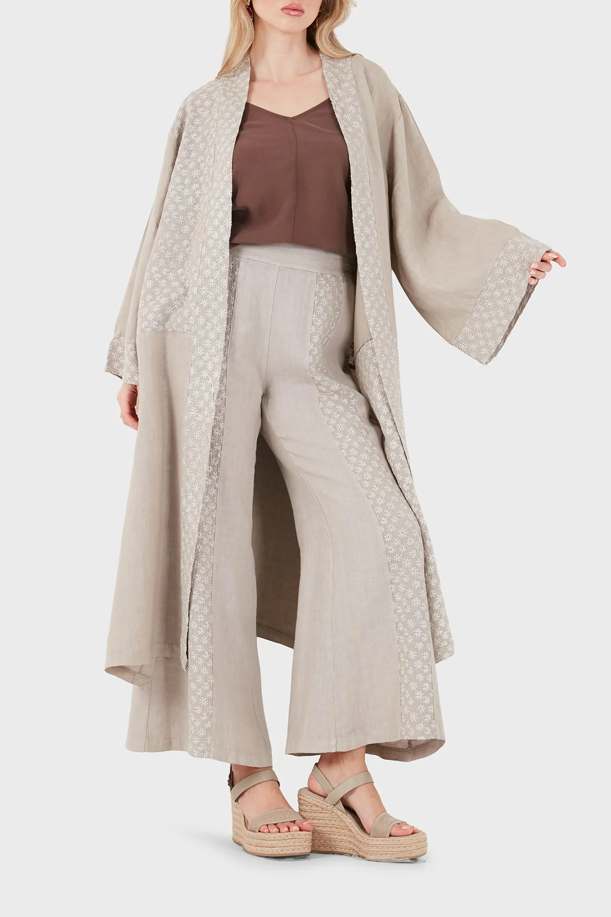Via Dante % 100 Keten Brode İşlemeli Kadın Kimono 69912196 VİZON - 5
