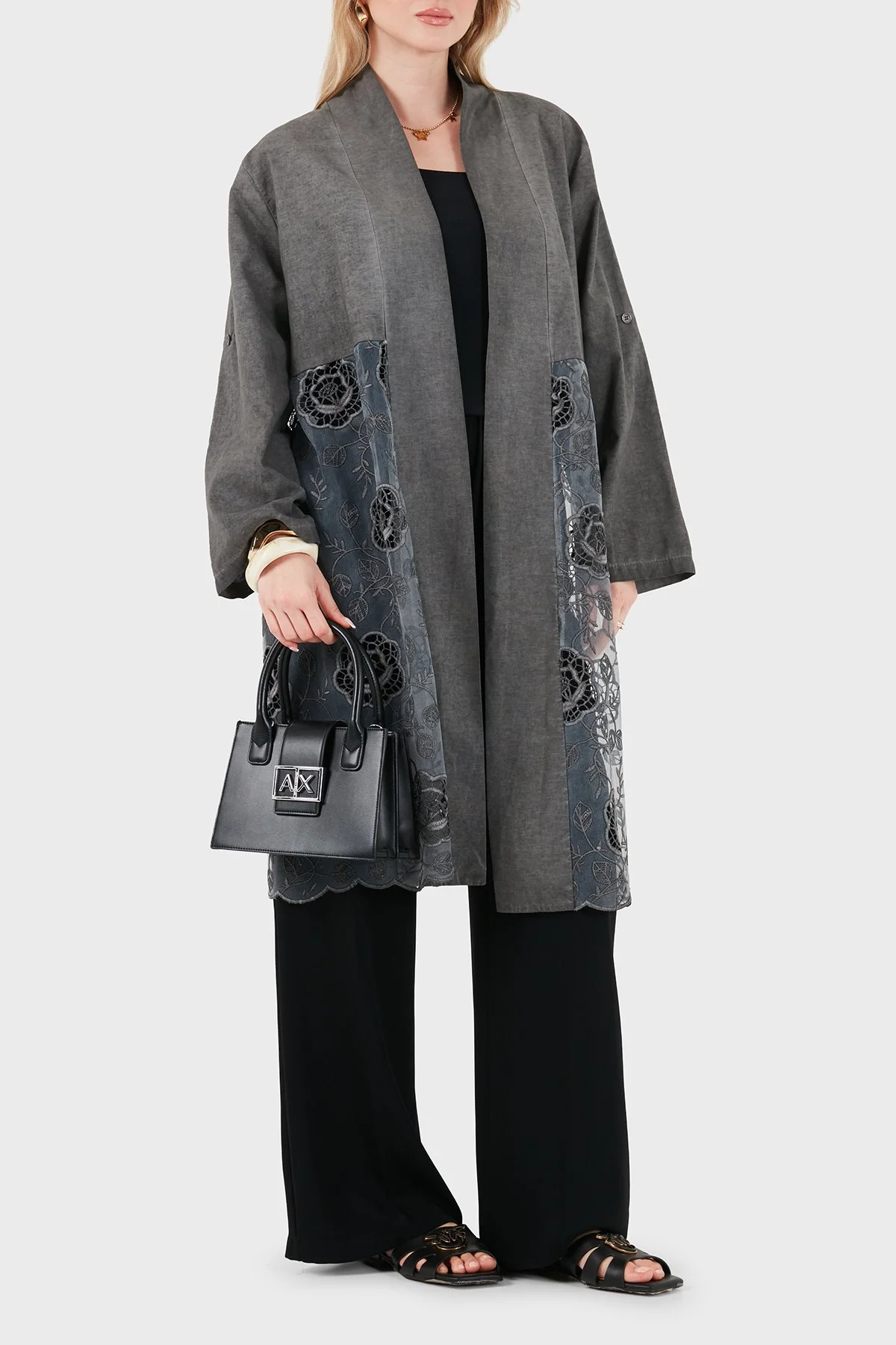 Via Dante % 100 Keten Dantel Detaylı Kadın Kimono 6909330 ANTRASİT - 1