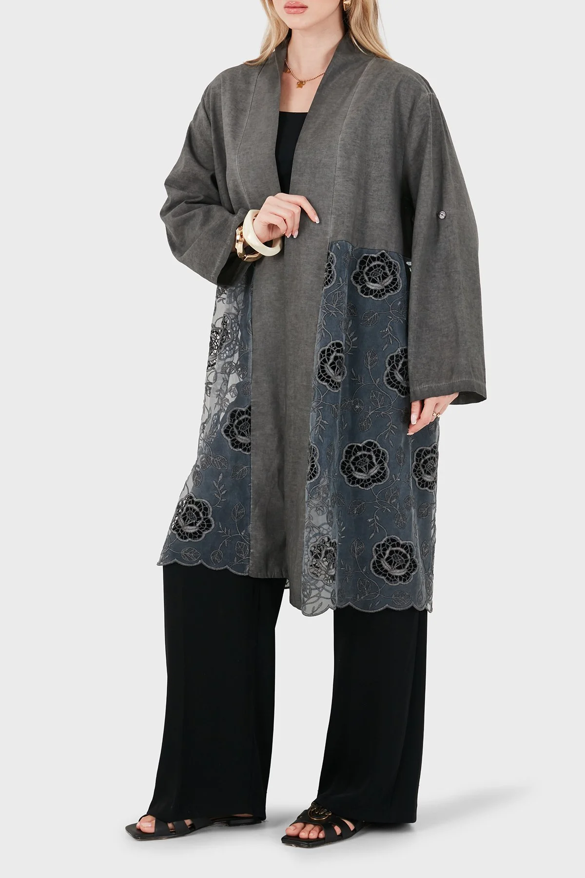 Via Dante % 100 Keten Dantel Detaylı Kadın Kimono 6909330 ANTRASİT - 2