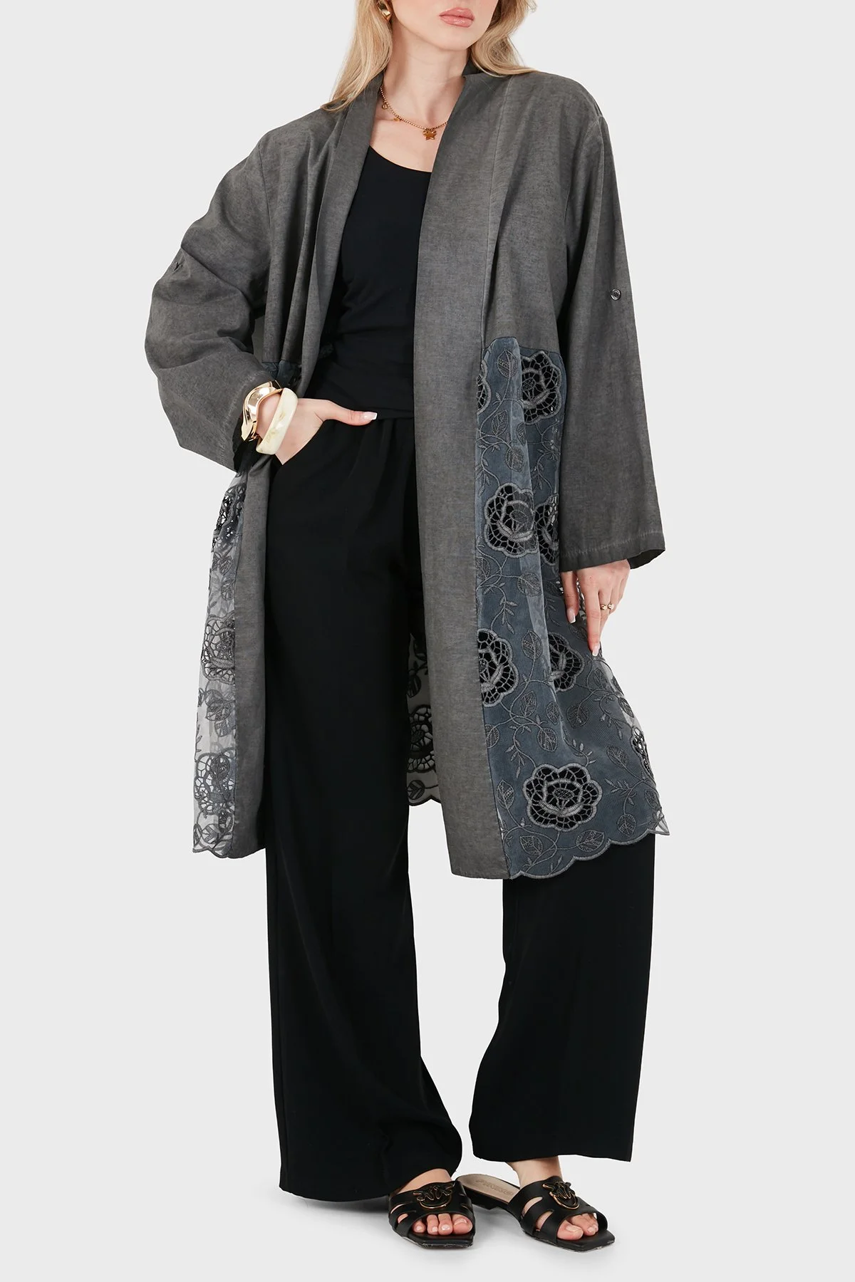 Via Dante % 100 Keten Dantel Detaylı Kadın Kimono 6909330 ANTRASİT - 4
