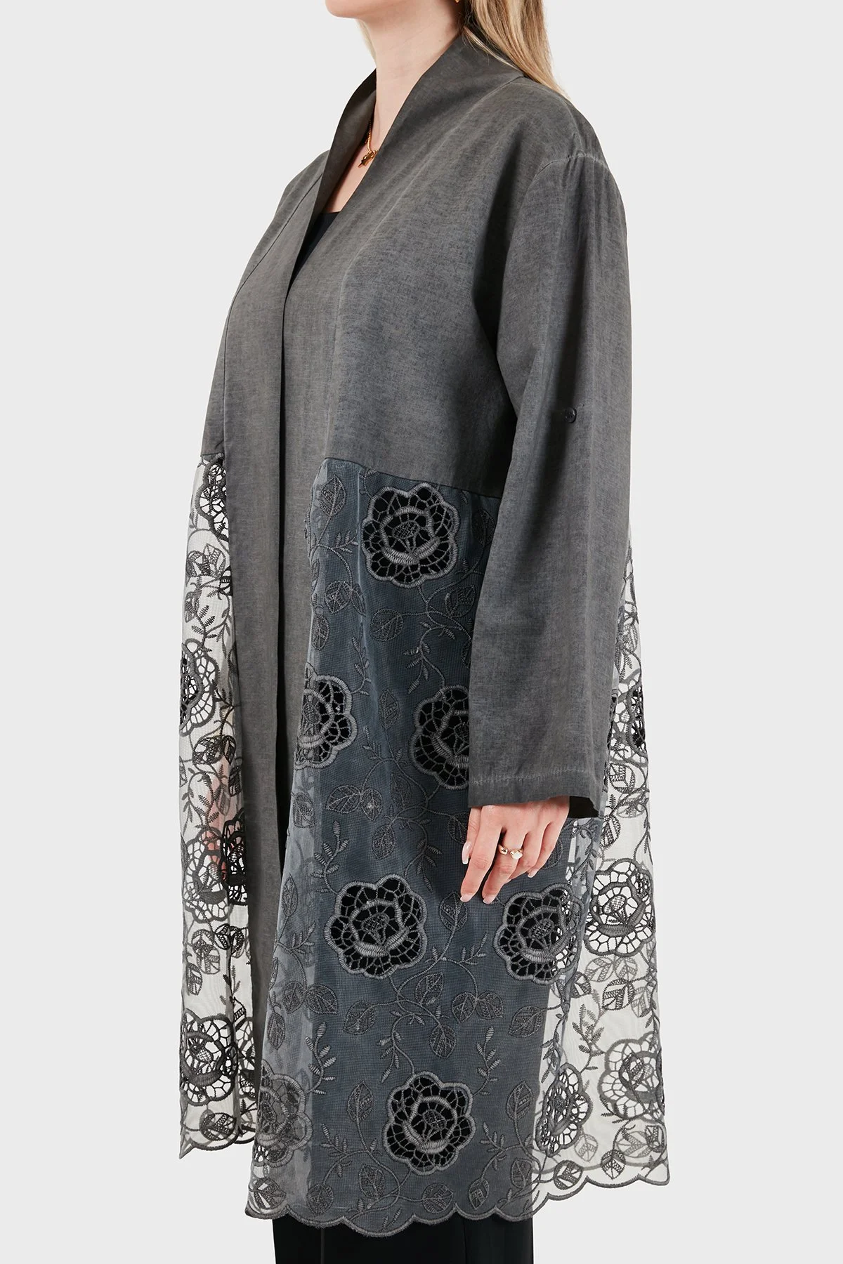 Via Dante % 100 Keten Dantel Detaylı Kadın Kimono 6909330 ANTRASİT - 5