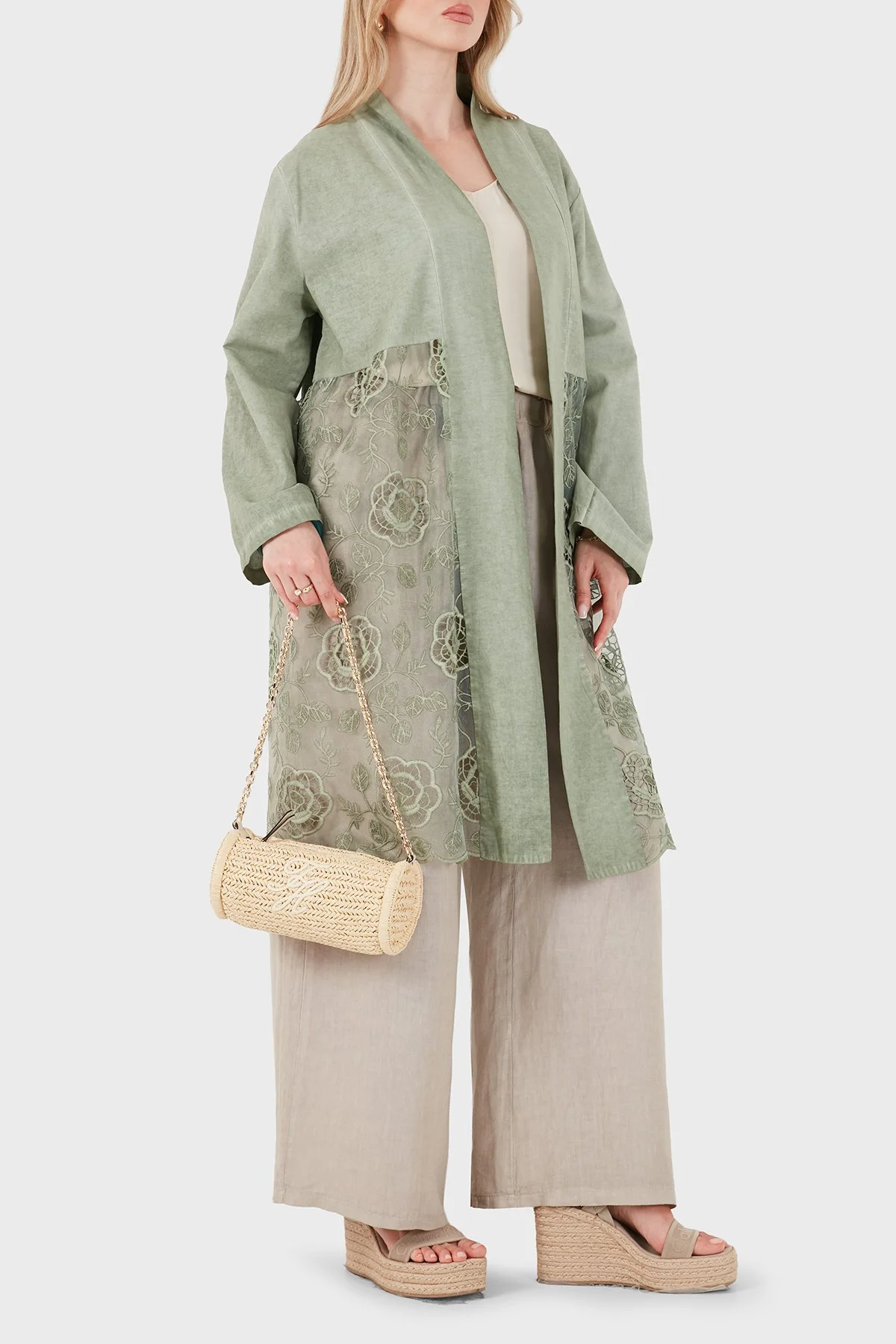 Via Dante % 100 Keten Dantel Detaylı Kadın Kimono 6909330 HAKİ - 1