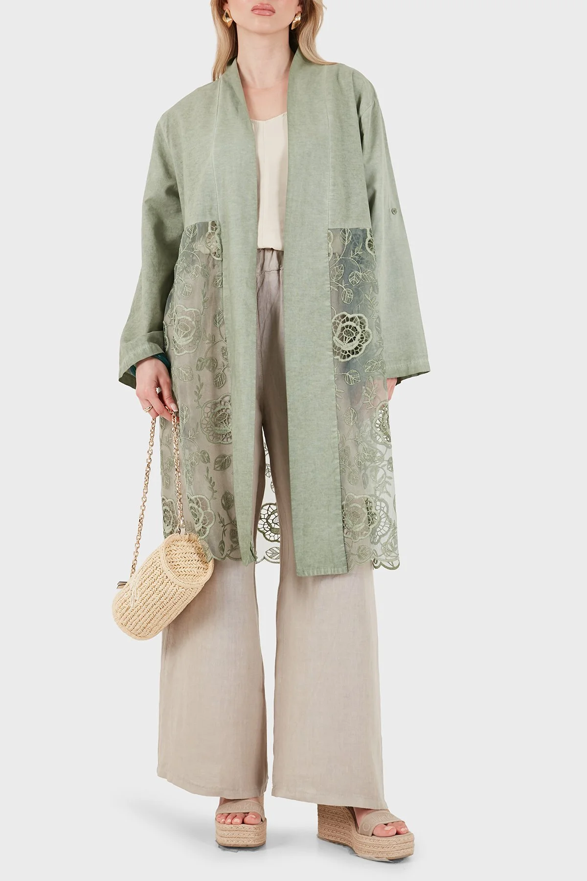 Via Dante % 100 Keten Dantel Detaylı Kadın Kimono 6909330 HAKİ - 2