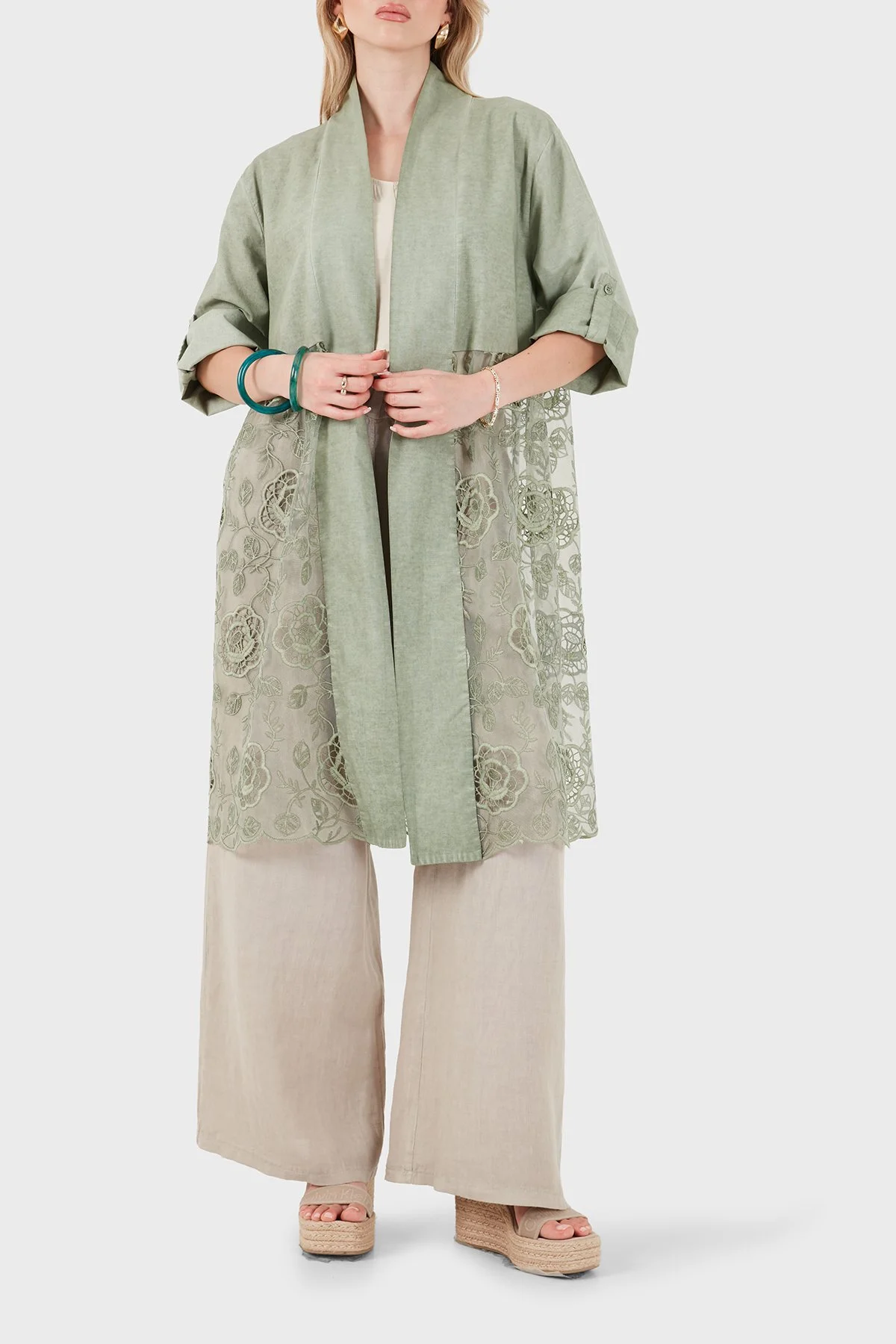 Via Dante % 100 Keten Dantel Detaylı Kadın Kimono 6909330 HAKİ - 4