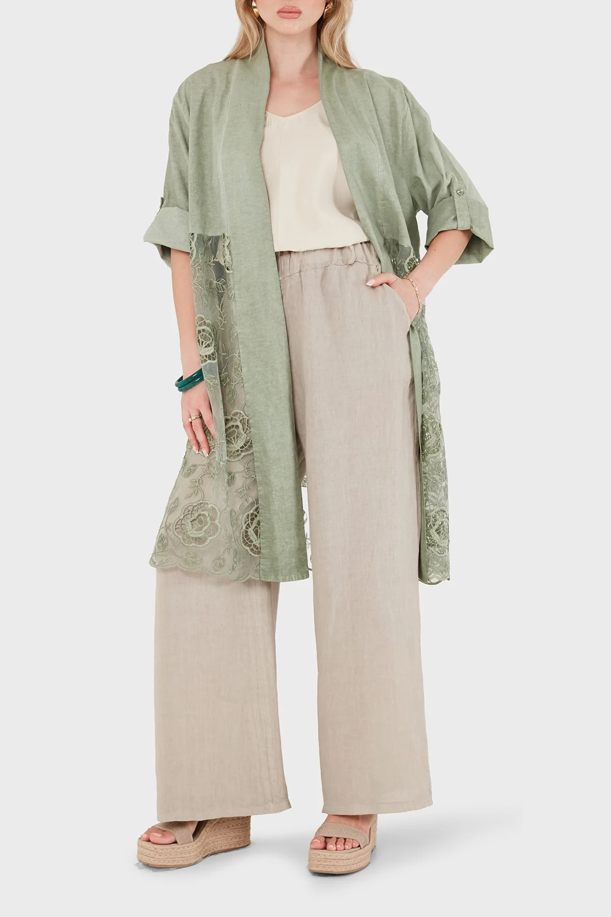 Via Dante % 100 Keten Dantel Detaylı Kadın Kimono 6909330 HAKİ - 5