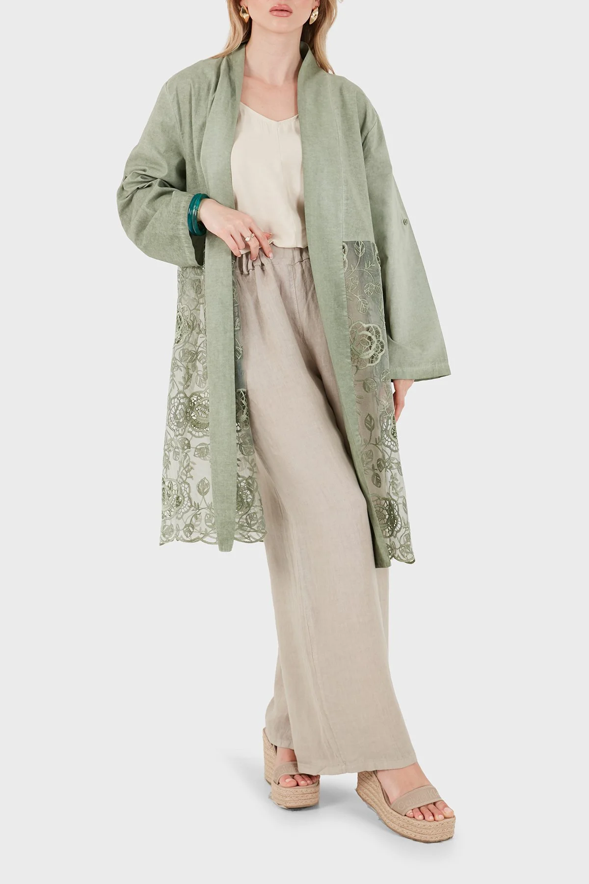 Via Dante % 100 Keten Dantel Detaylı Kadın Kimono 6909330 HAKİ - 6