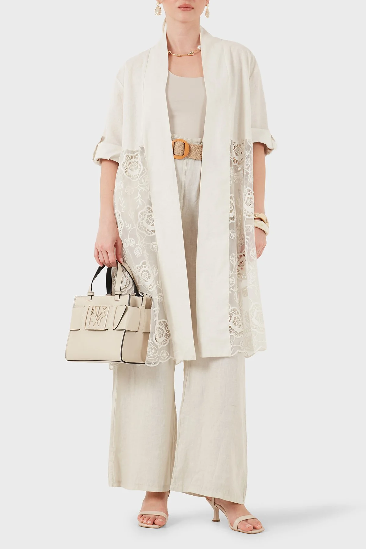 Via Dante % 100 Keten Dantel Detaylı Kimono Kadın Ceket 6909330 BEJ - 1