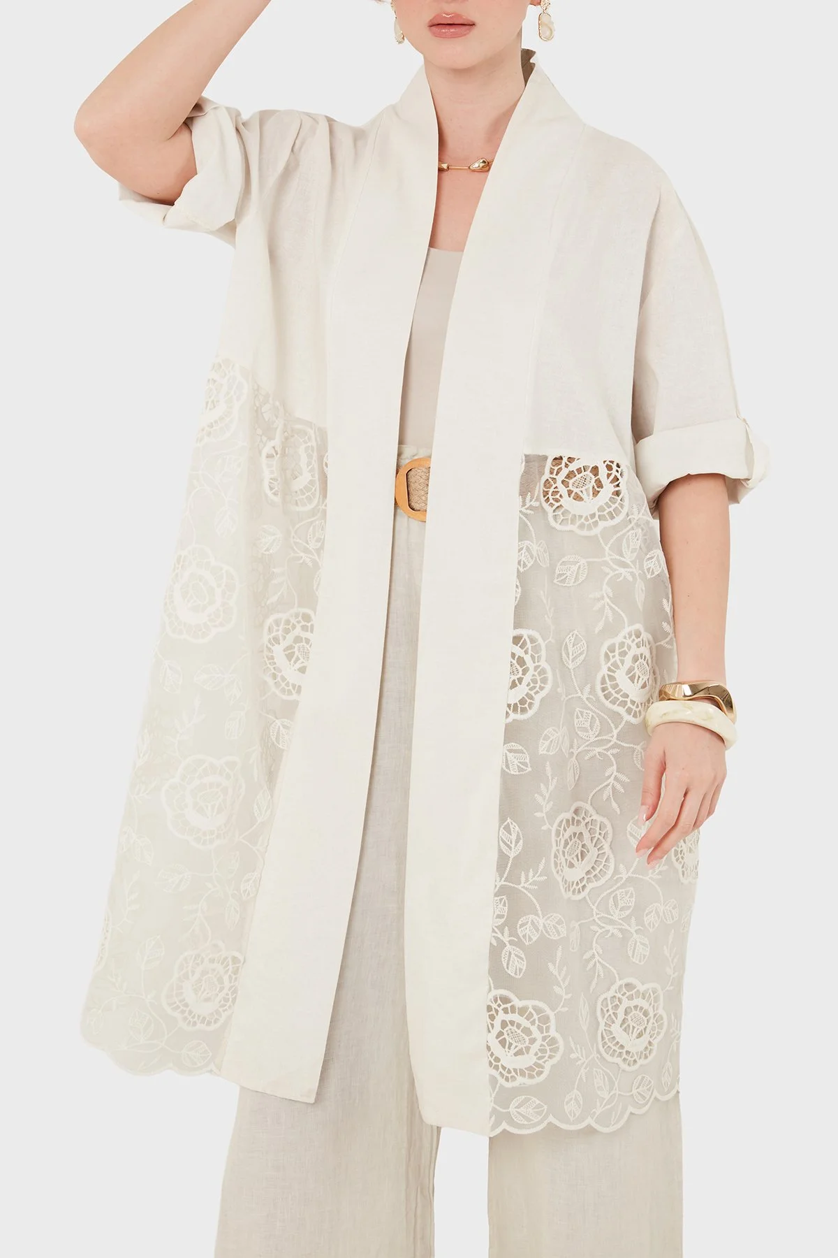 Via Dante % 100 Keten Dantel Detaylı Kimono Kadın Ceket 6909330 BEJ - 2