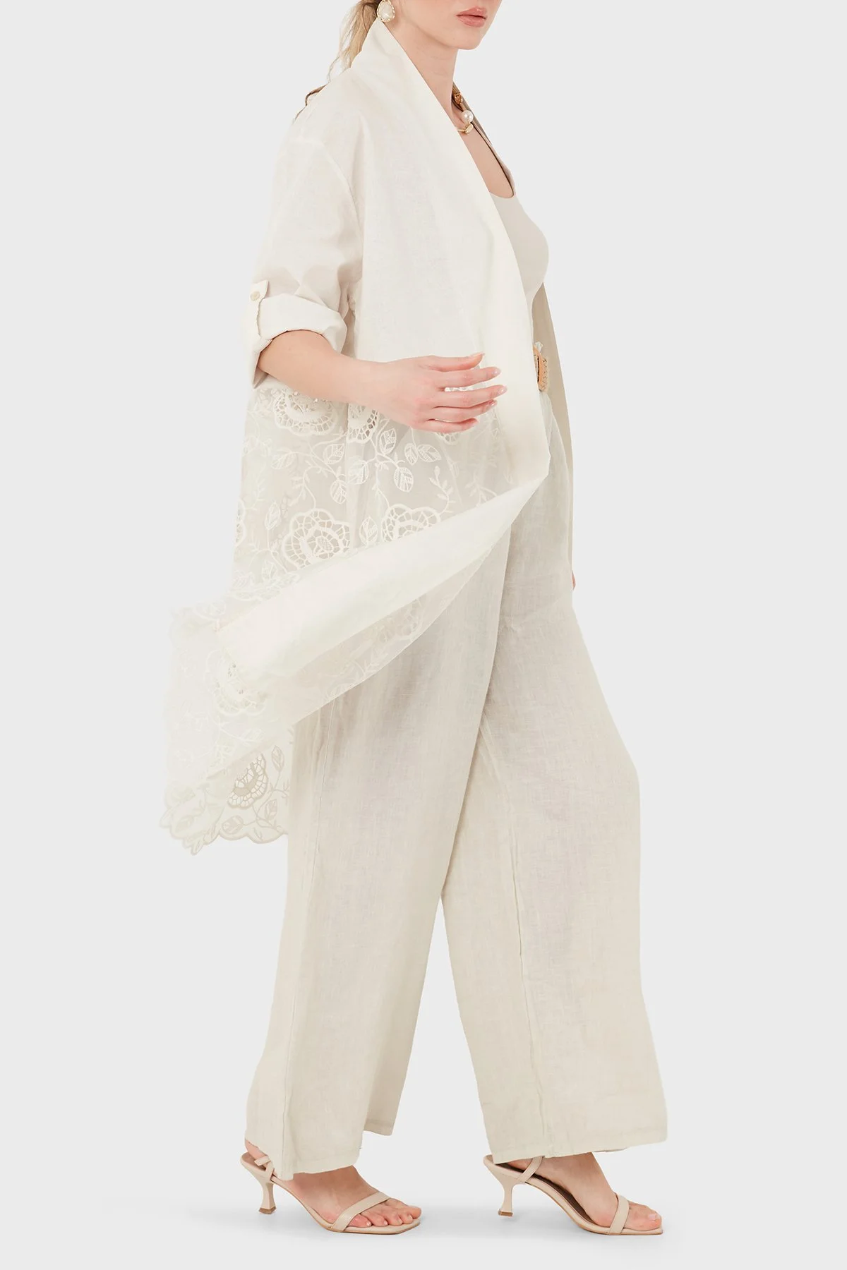 Via Dante % 100 Keten Dantel Detaylı Kimono Kadın Ceket 6909330 BEJ - 4