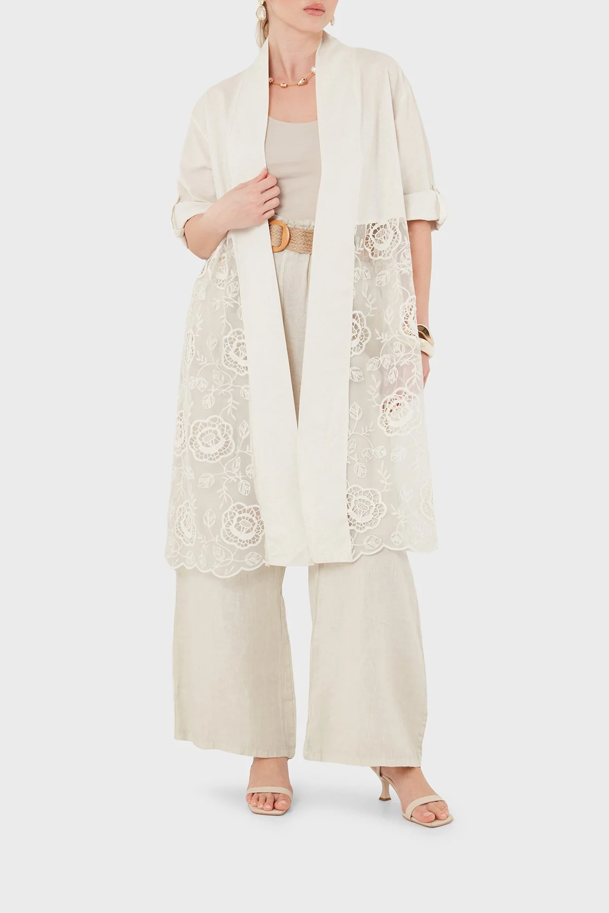 Via Dante % 100 Keten Dantel Detaylı Kimono Kadın Ceket 6909330 BEJ - 5