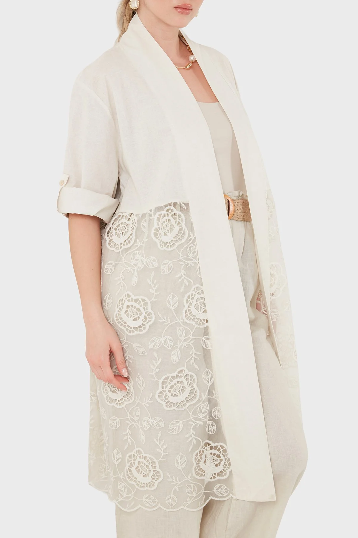 Via Dante % 100 Keten Dantel Detaylı Kimono Kadın Ceket 6909330 BEJ - 6