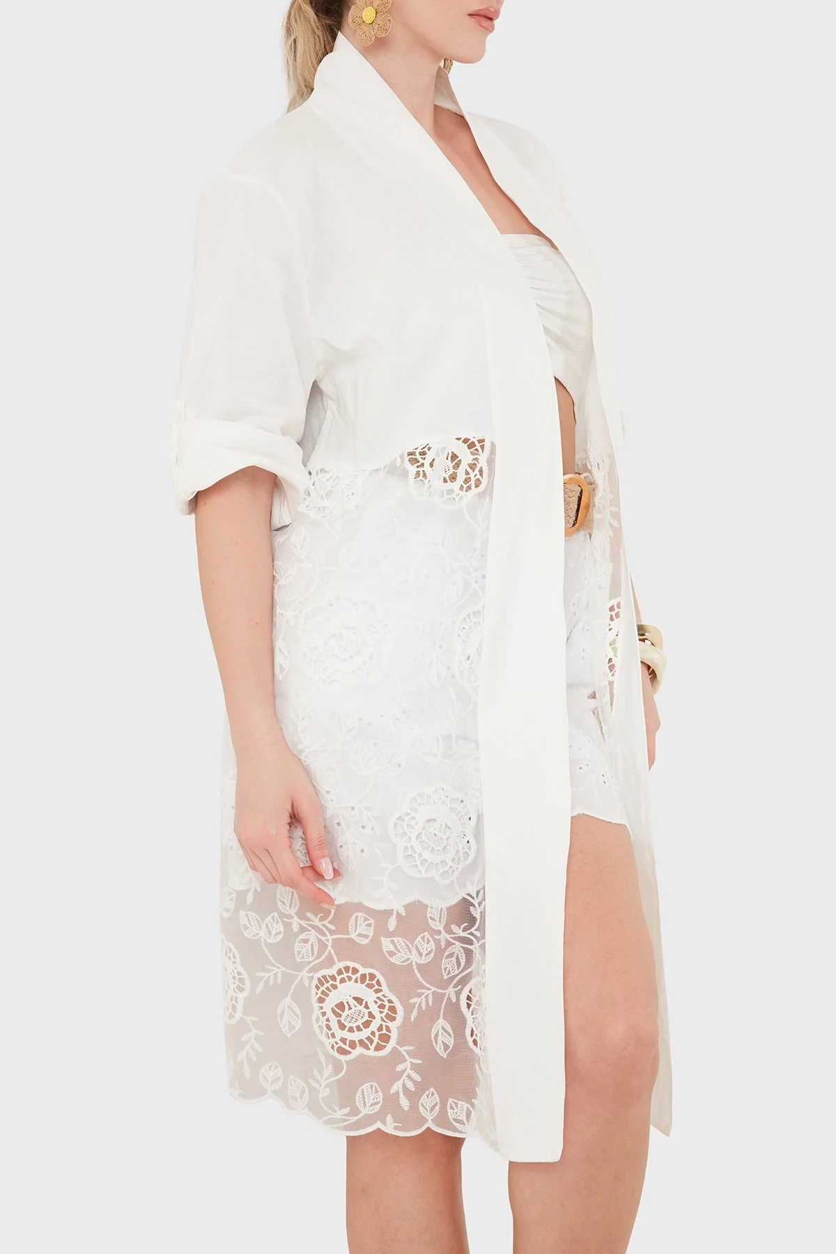 Via Dante % 100 Keten Dantel Detaylı Kimono Kadın Ceket 6909330 BEYAZ - 2
