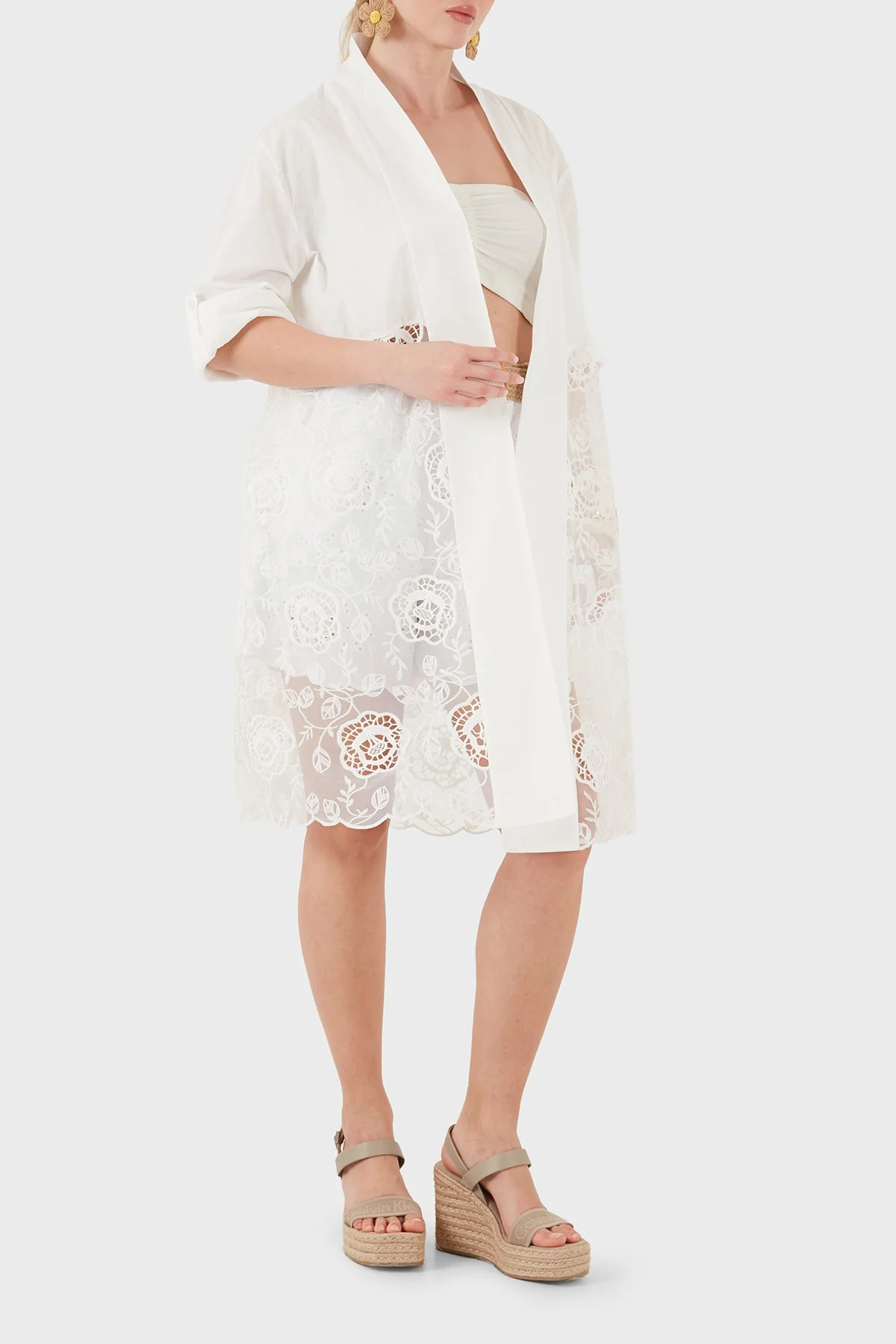 Via Dante % 100 Keten Dantel Detaylı Kimono Kadın Ceket 6909330 BEYAZ - 6