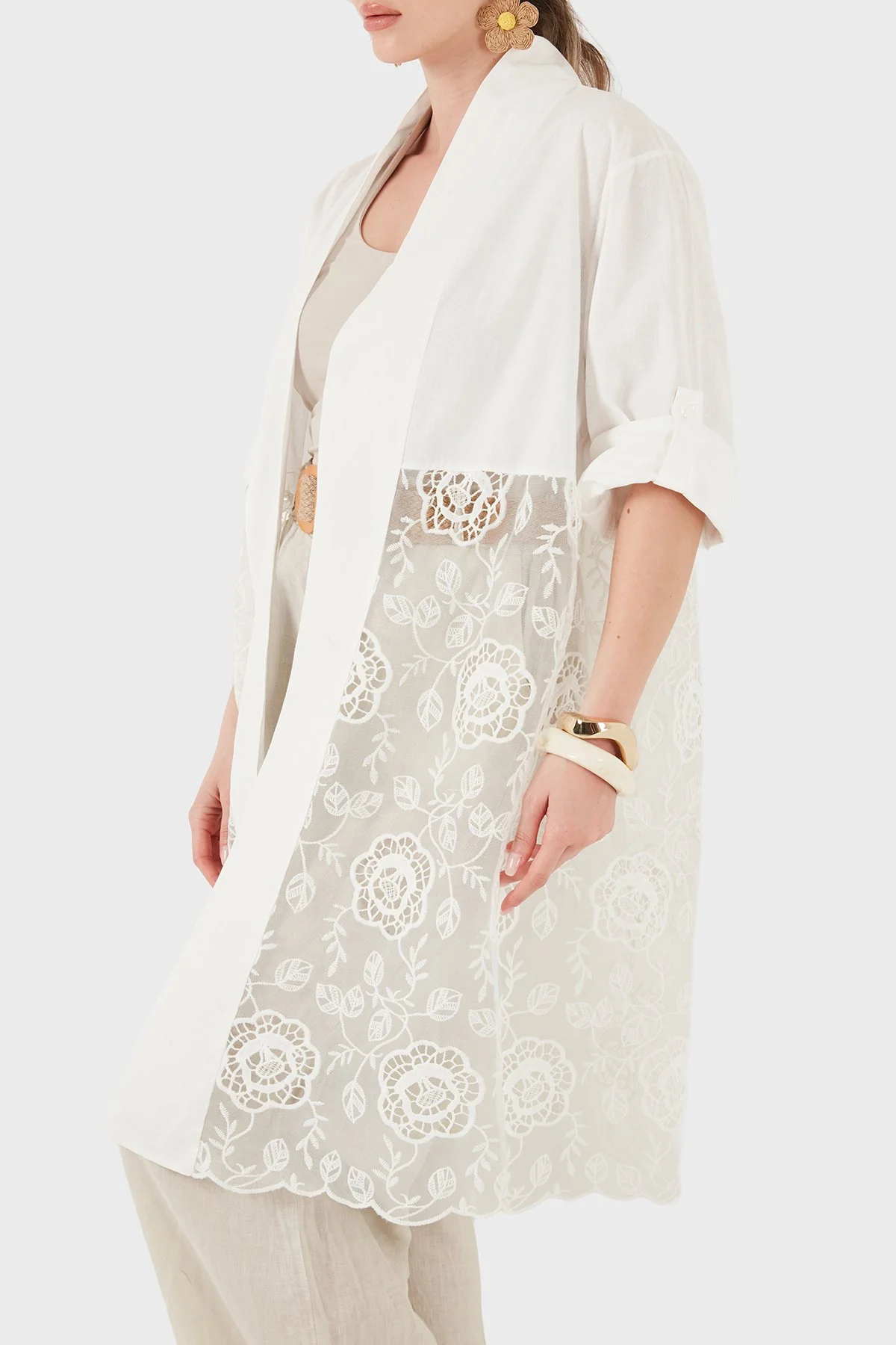 Via Dante % 100 Keten Dantel Detaylı Kimono Kadın Ceket 6909330 BEYAZ - 7