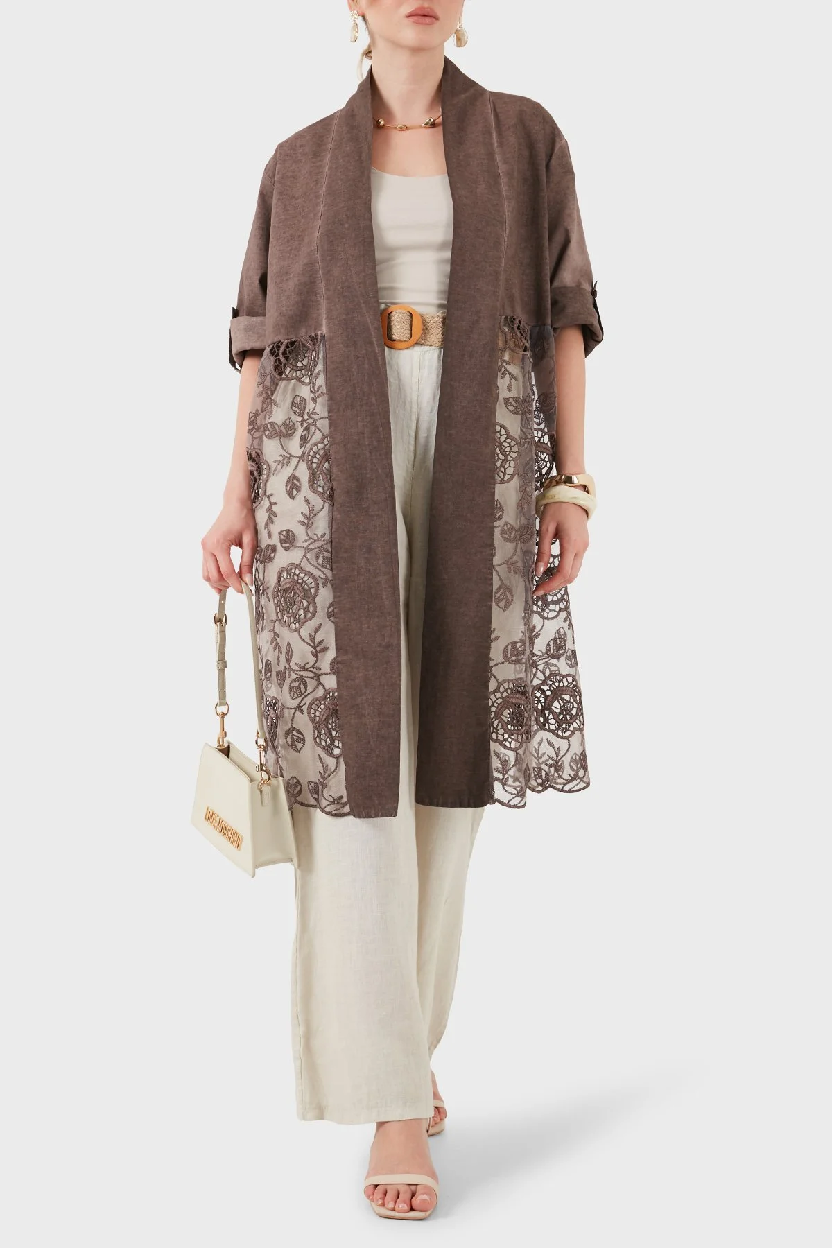 Via Dante % 100 Keten Dantel Detaylı Kimono Kadın Ceket 6909330 KAHVE - 1