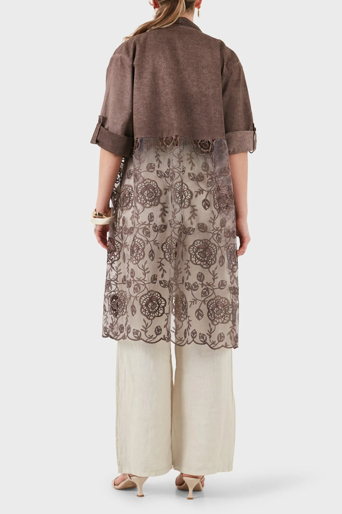 Via Dante % 100 Keten Dantel Detaylı Kimono Kadın Ceket 6909330 KAHVE - 3