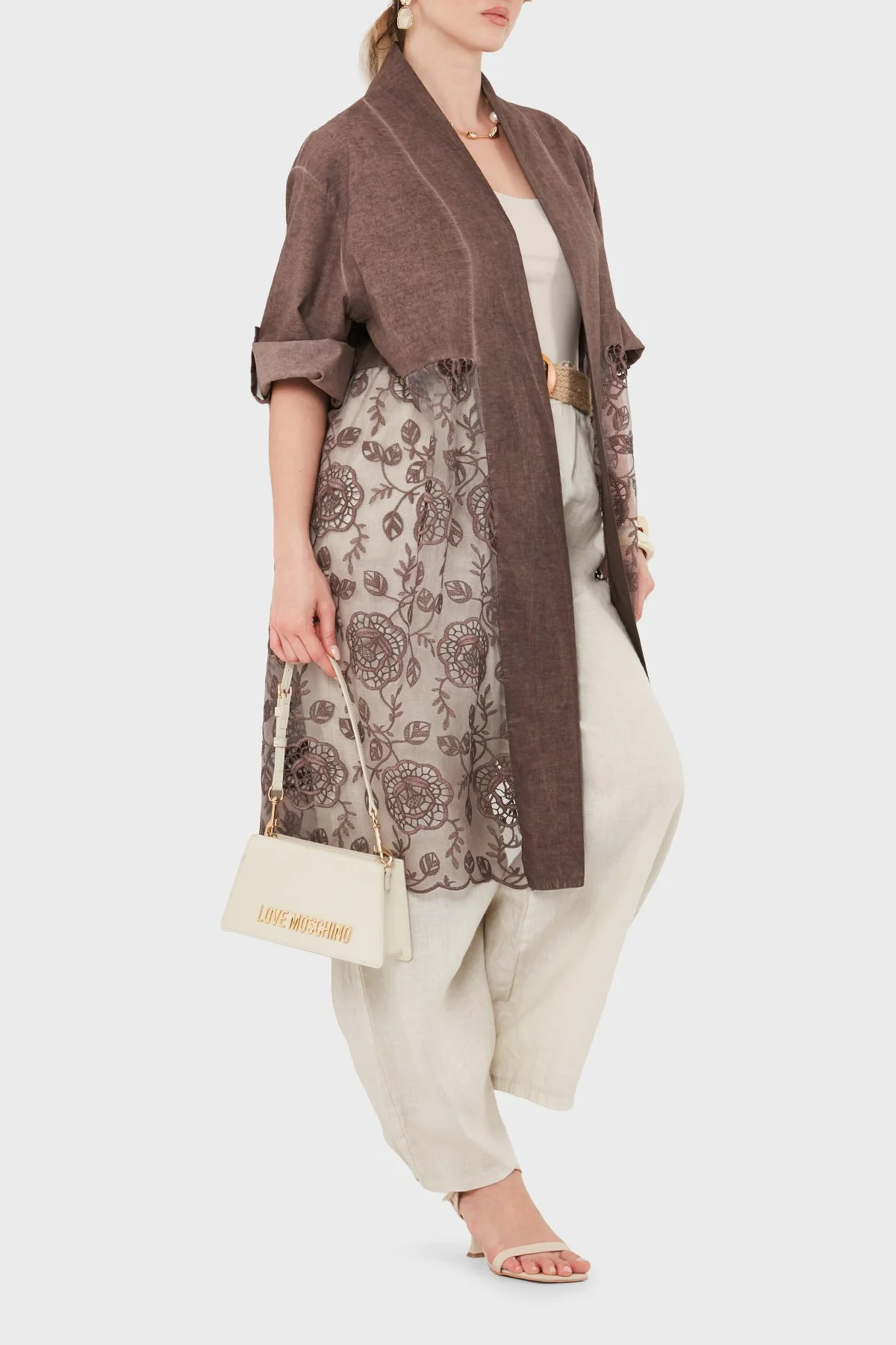 Via Dante % 100 Keten Dantel Detaylı Kimono Kadın Ceket 6909330 KAHVE - 4