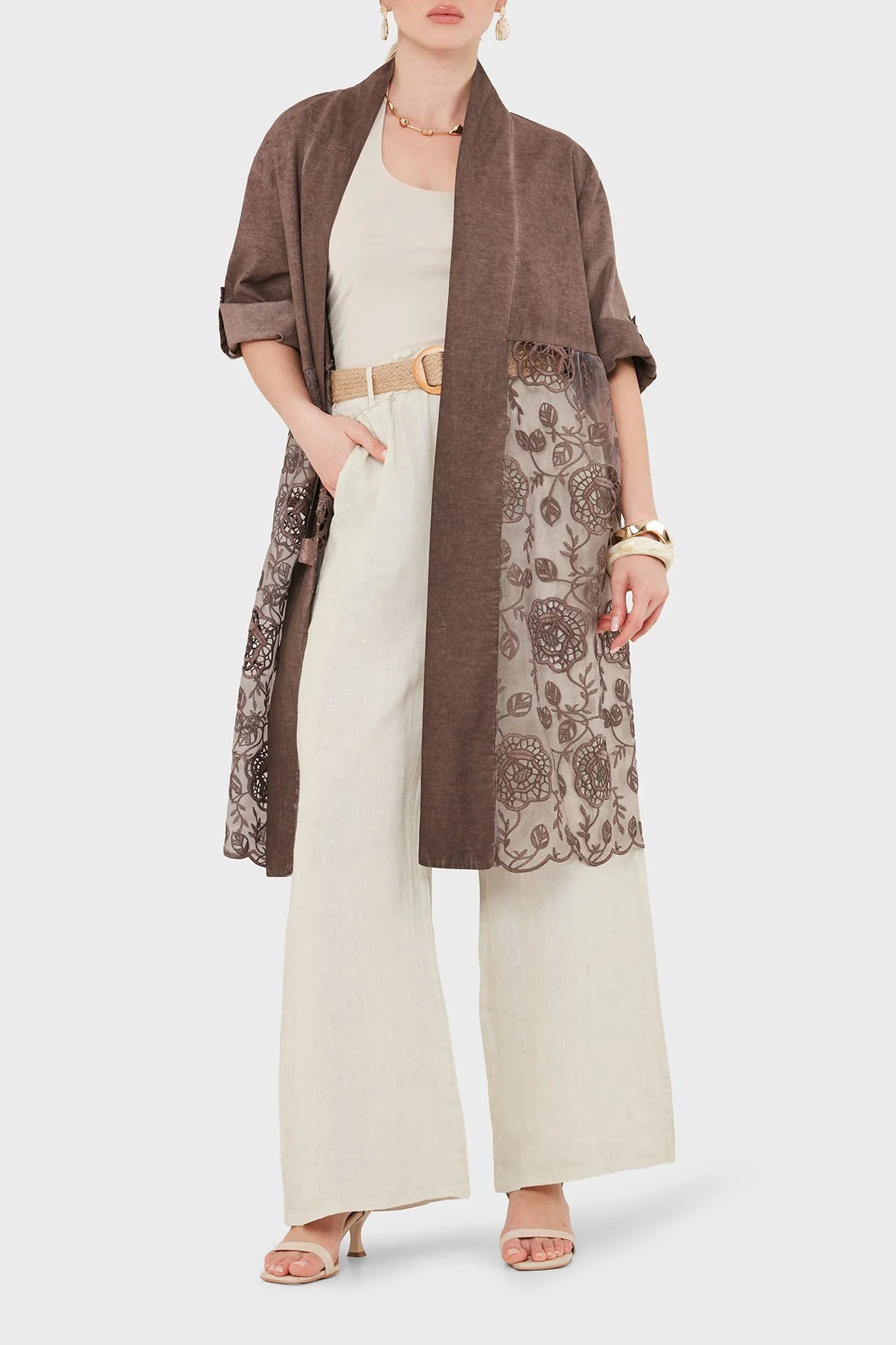 Via Dante % 100 Keten Dantel Detaylı Kimono Kadın Ceket 6909330 KAHVE - 5