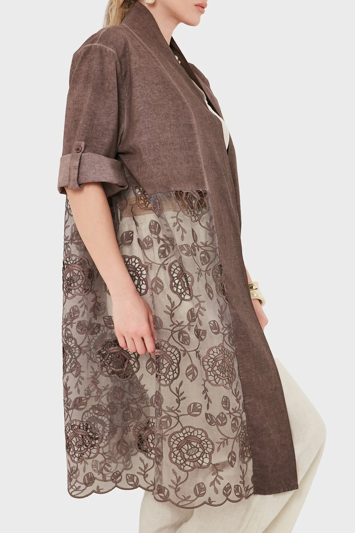 Via Dante % 100 Keten Dantel Detaylı Kimono Kadın Ceket 6909330 KAHVE - 6