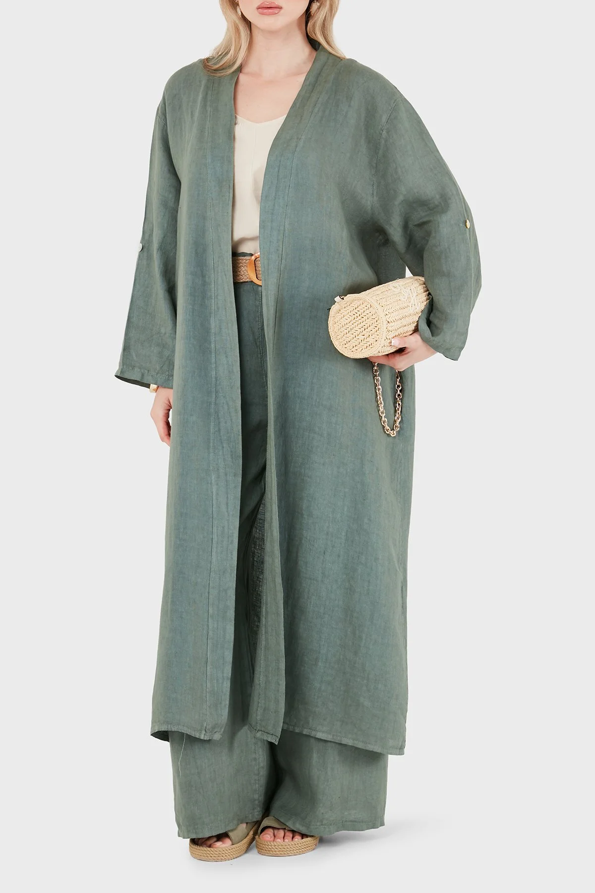 Via Dante% 100 Keten Dantel ve Brode İşleme Detaylı Kadın Kimono 7183543 HAKİ - 1