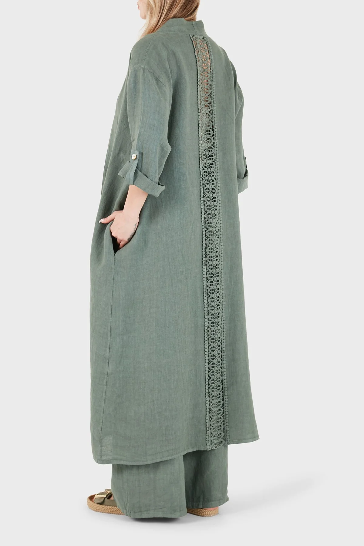 Via Dante% 100 Keten Dantel ve Brode İşleme Detaylı Kadın Kimono 7183543 HAKİ - 2
