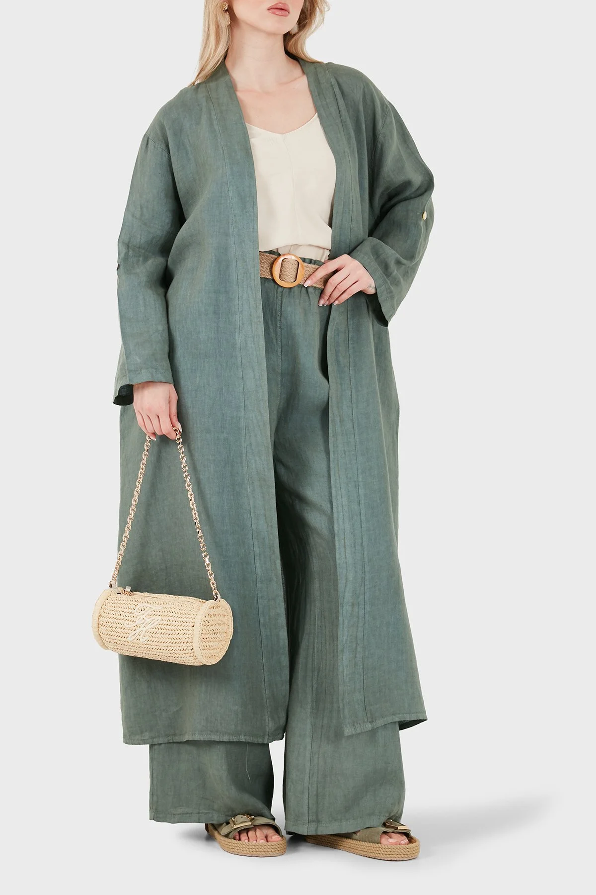 Via Dante% 100 Keten Dantel ve Brode İşleme Detaylı Kadın Kimono 7183543 HAKİ - 3
